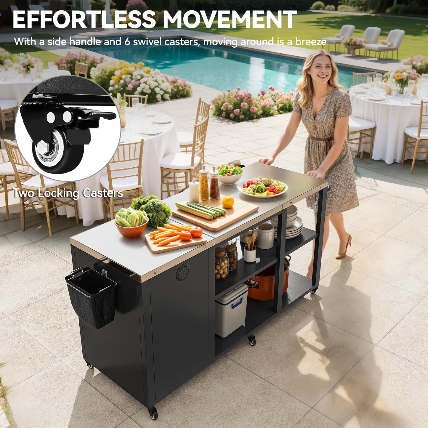 YITAHOME Big Green Egg Grill Table with Removable Stainless Steel Tabletop, Outdoor Kitchen Island with Spice Rack, Paper Towel Holder, and Trash Bag Holder, BBQ Prep Table for Parties