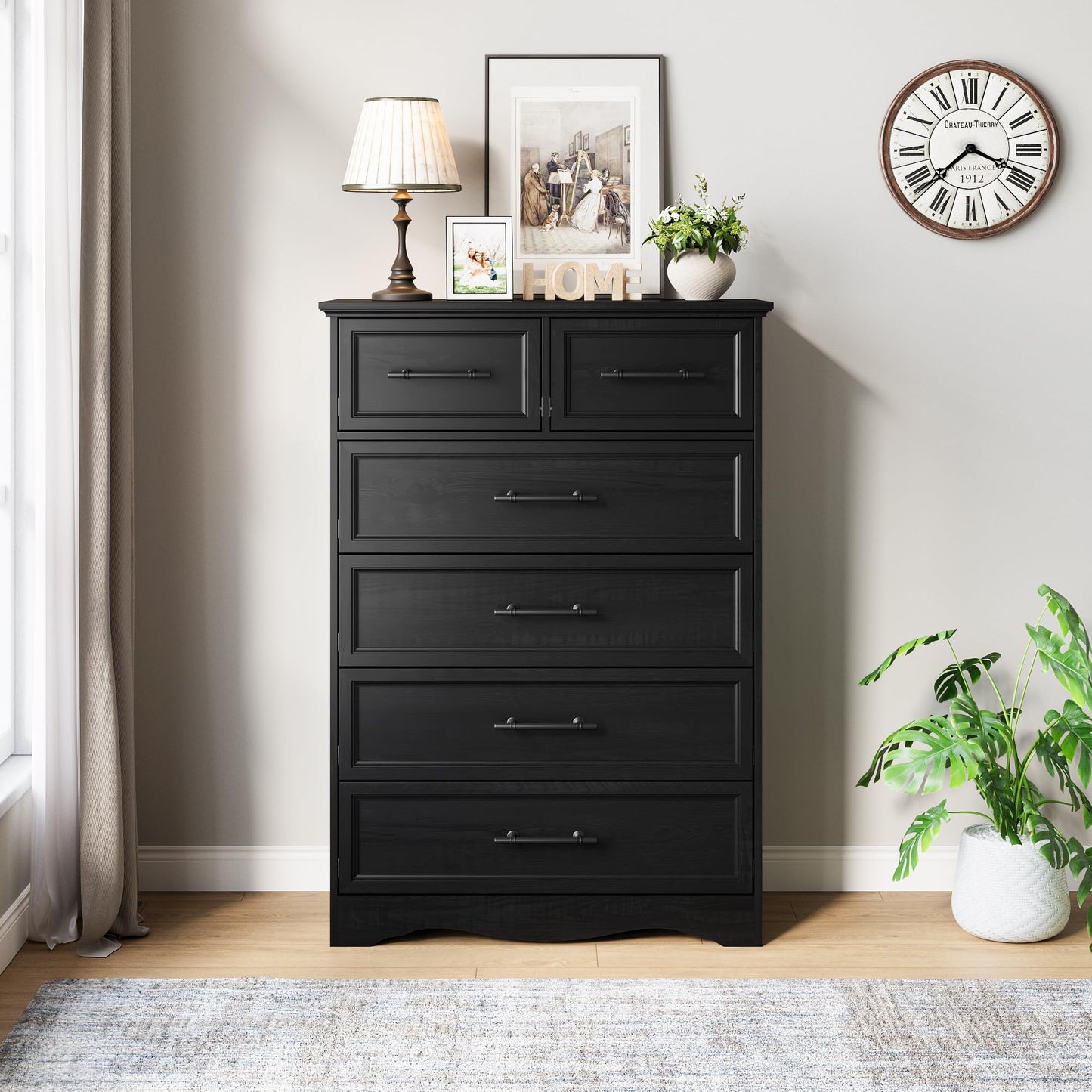 YANSNWO Black Farmhouse Dresser for Bedroom, Modern 6 Chest of Drawers, 44" Tall Chest of Drawers w/Brushed Metal Handle, Wood Closet Organizers and Storage Cabinet for Bedroom, Living Room, Hallway