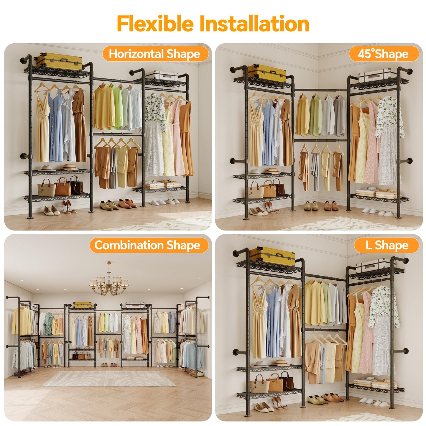 Higeego W3 Industrial Pipe Clothing Rack, Wall Mounted Clothes Rack Closet Wardrobe System with Expandable Hanger Rods Adjustable Storage Shelves, Heavy Duty Corner Walk-in Closet System, Black