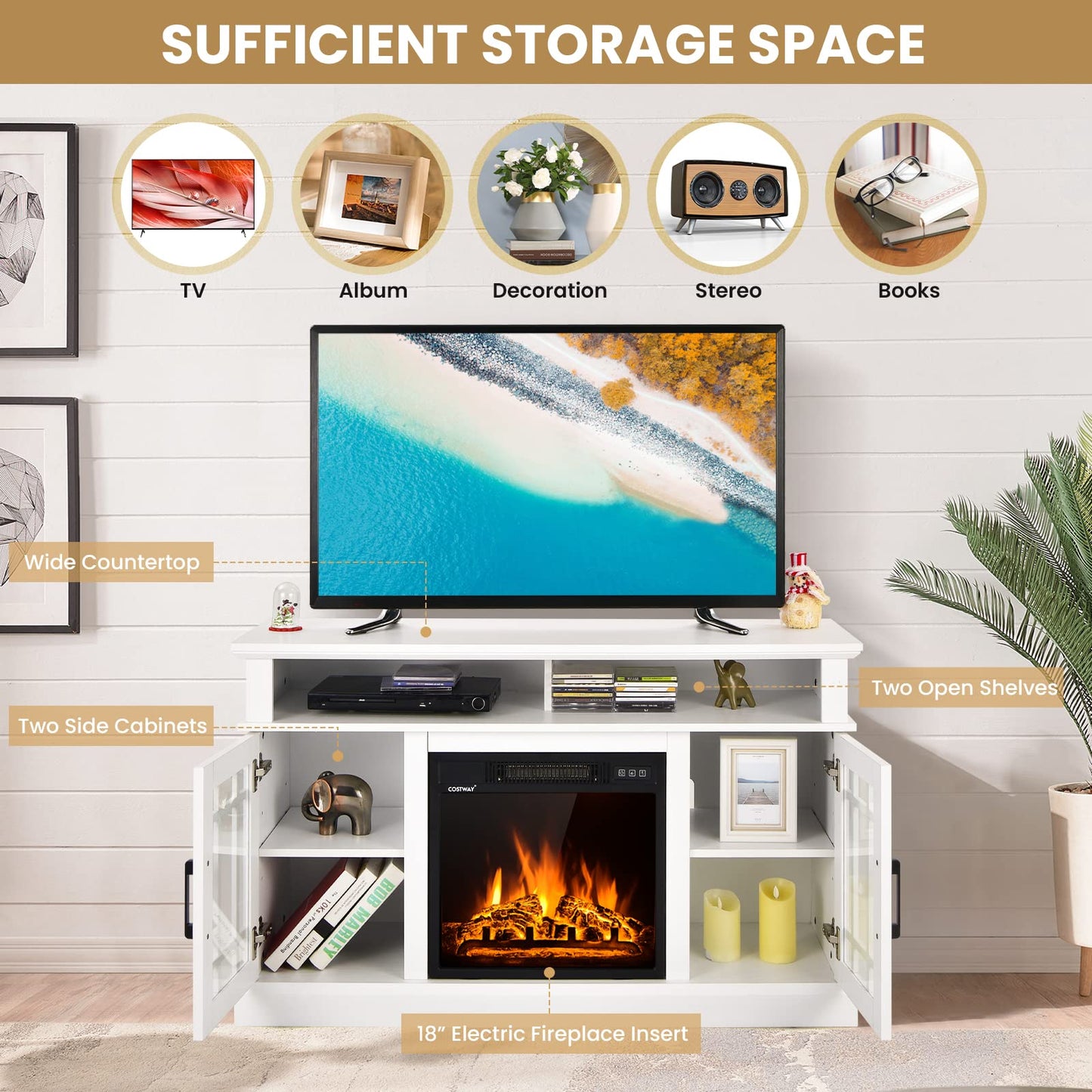 Happygrill Electric Fireplace TV Stand Up to 55 Inches, 48 Inch TV Stand w/Heater, Remote & Storage, Overheat Protection, Wooden Entertainment Center w/Adjustable Shelves for Living Room, White