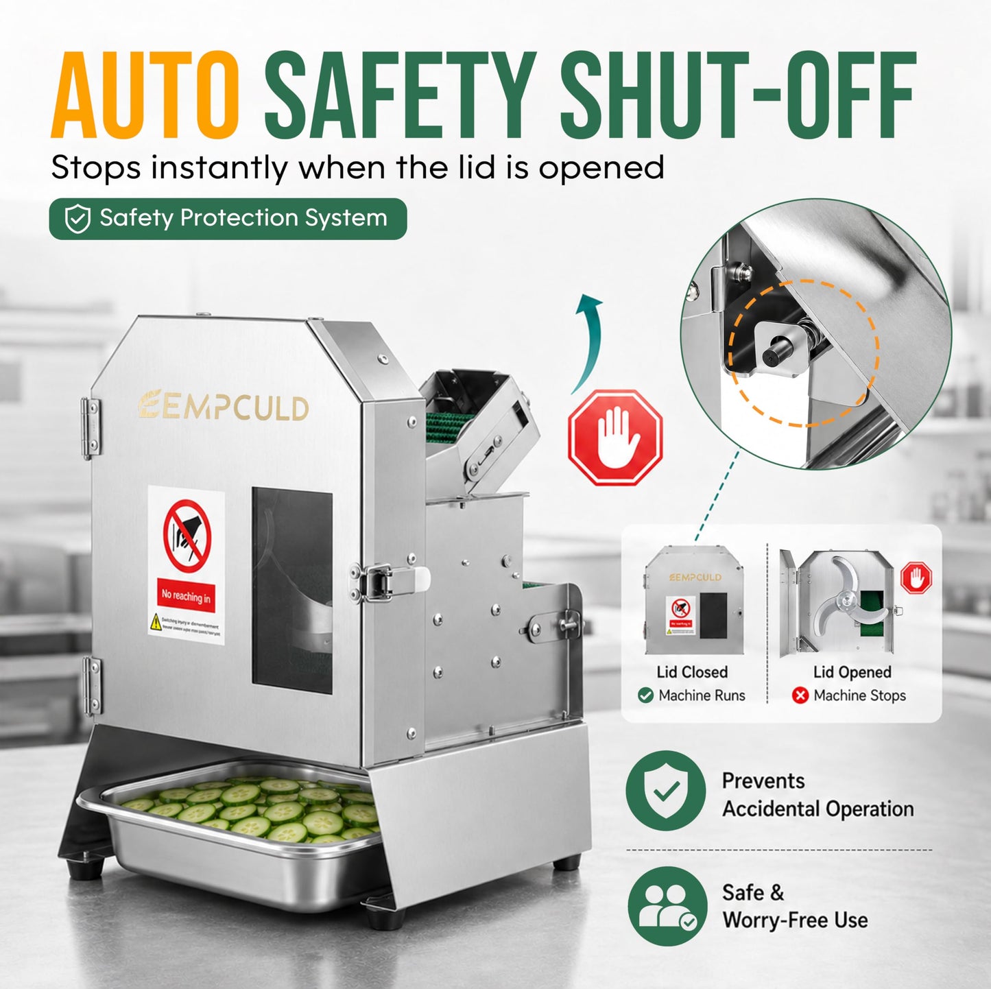 EMPCULD Electric Vegetable Slicer, 300W High-efficiency Automatic Fruit Slicer, 1-35mm Adjustable Thickness Vegetable Cutter for Home and Commercial Use, Track and Blade Rotation Speed Adjustable