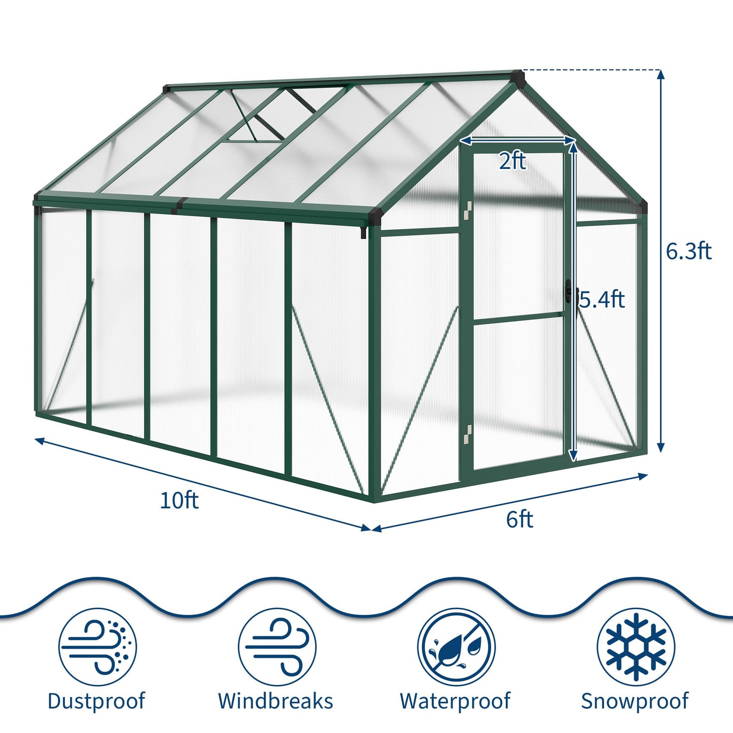 6x10 ft Walk-in Greenhouse, Polycarbonate Panels with Reinforced Aluminum Frame, Large Garden Green House for Planting and Seed Starting, Quick-Assembly Structure with Adjustable Roof Vent