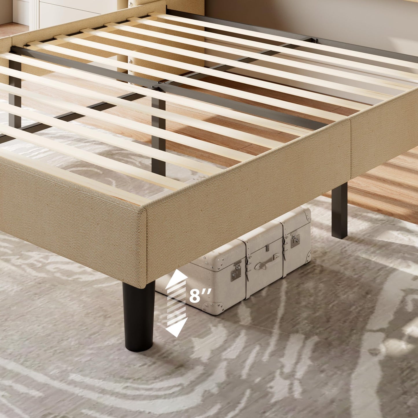 Feonase Queen Bed Frame with Luxury Wingback and Fast Charging Station,Queen Upholstered Button Tufted Storage Headboard Platform Bed,Sturdy Wooden Slats Support,Noise-Free,Easy Assembly, Beige