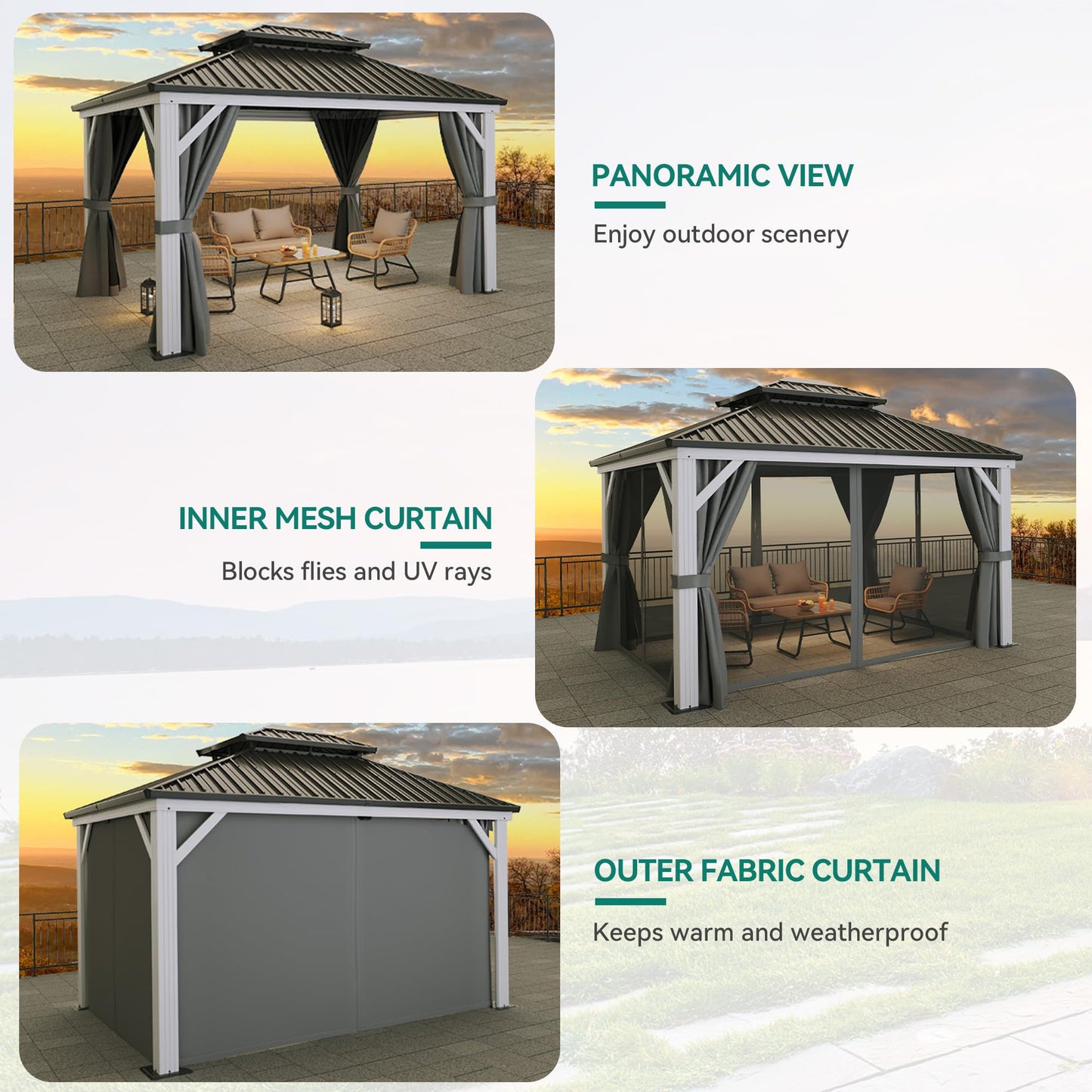 YITAHOME White Gazebo 10x12ft Hardtop Double Roof Canopy Galvanized Iron Aluminum Frame Outdoor Gazebo with Netting and Shaded Curtains Garden Tent for Patio, Backyard, Deck and Lawns, Grey Curtain