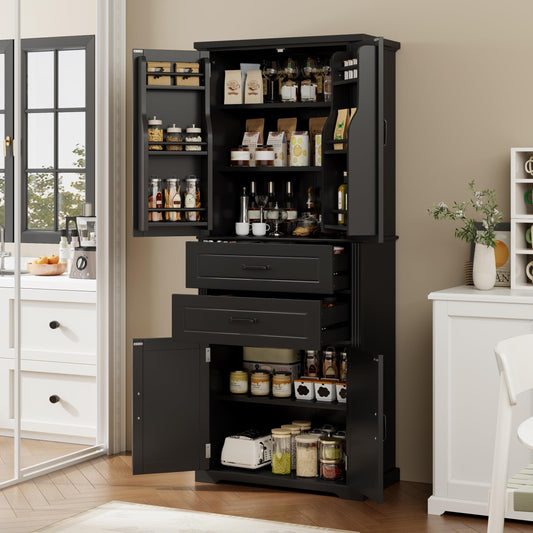 Merax 72.5" Tall Kitchen Pantry Storage Cabinet, Farmhouse Freestanding Large Cupboard with Two Drawers, Bathroom Cabinet with Adjustable Shelves, 6 Door-Shelf for Dining Room, Black