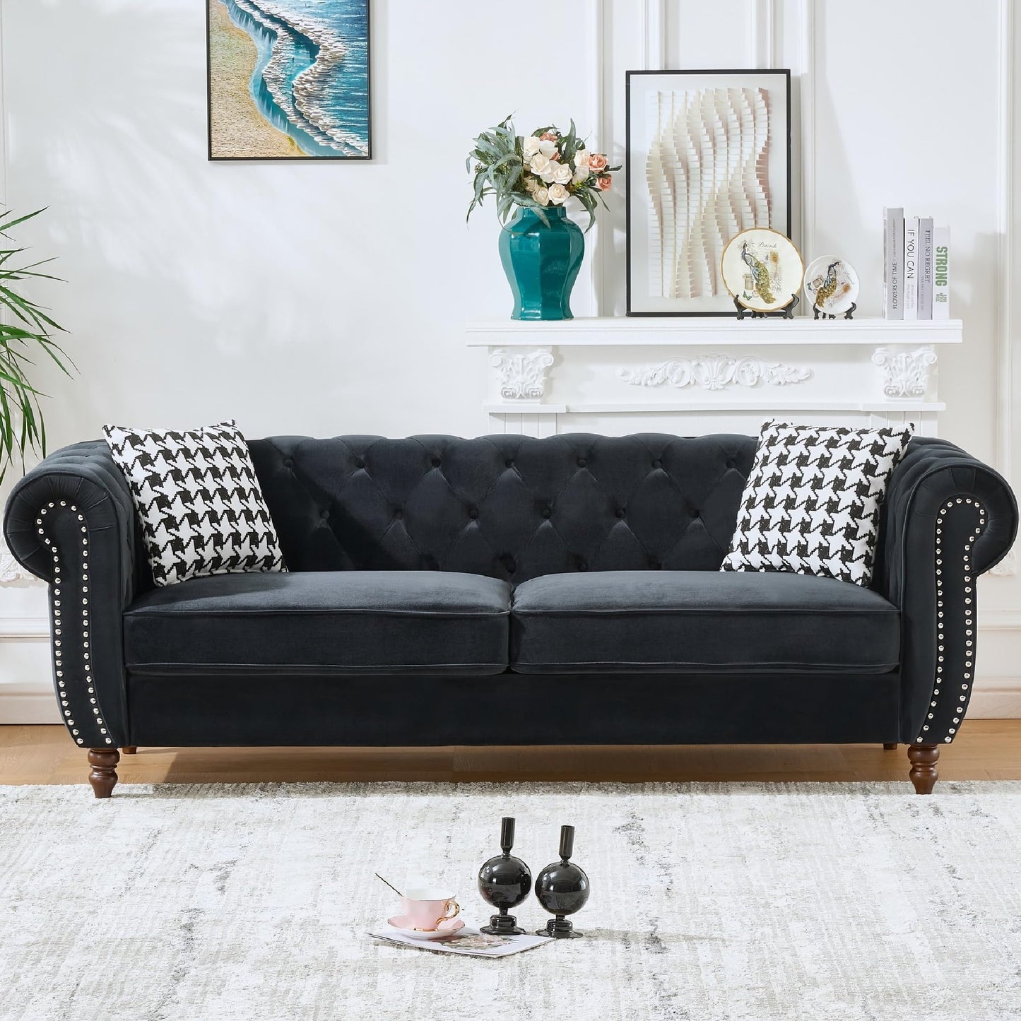 KEIKI 89" ‌Chesterfield Velvet Sofa, Mid Century Modern 3 Seater Couch w/Roll Armrest & Nailhead, Comfy Upholstered Sleeper Cloud Couches SofaBed for Office Apartment Living Room, Easy Assembly, Black