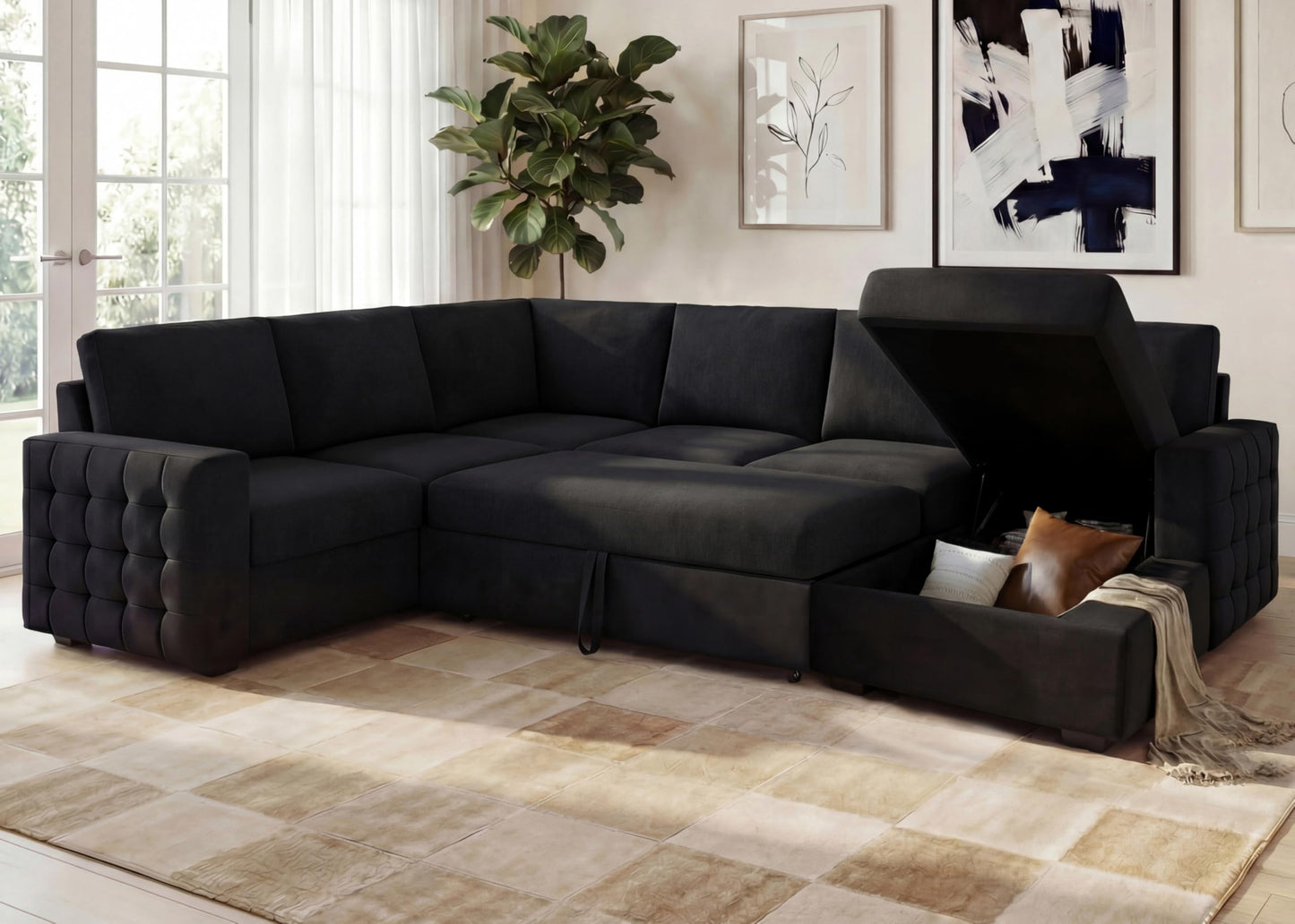 Leathaire 111 Inch Sectional Sleeper Sofa with Pull Out Bed, U Shaped 6 Seat Modular Sectional Couch with Storage for Living Room, Velvet Black