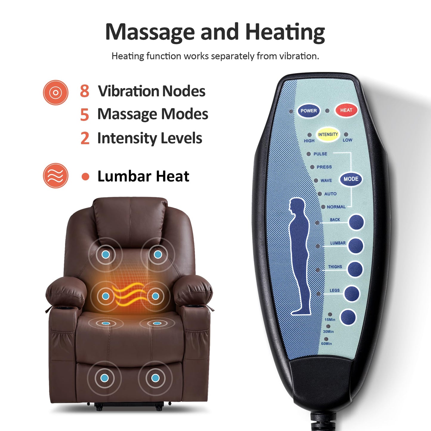 MCombo Electric Power Lift Recliner Chair Sofa with Massage and Heat for Elderly, 3 Positions, 2 Side Pockets, and Cup Holders, USB Ports, Faux Leather 7040 (Light Brown, Medium)