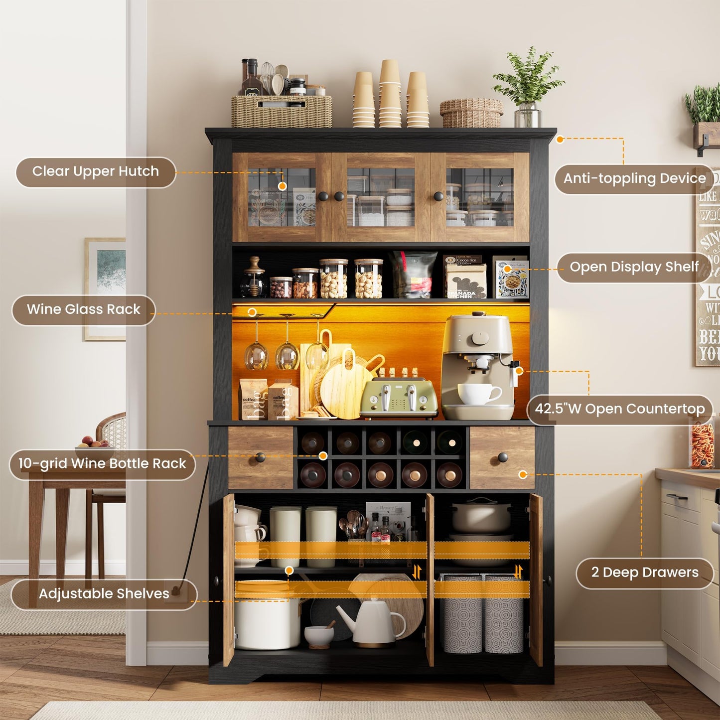 GAOMON 69" Pantry Cabinet with LED Light & Charging Station, Kitchen Pantry Storage Cabinet with Drawer & Adjustable Shelves, Coffee Bar Table for Kitchen Room, Living Room, Dining Room, Black