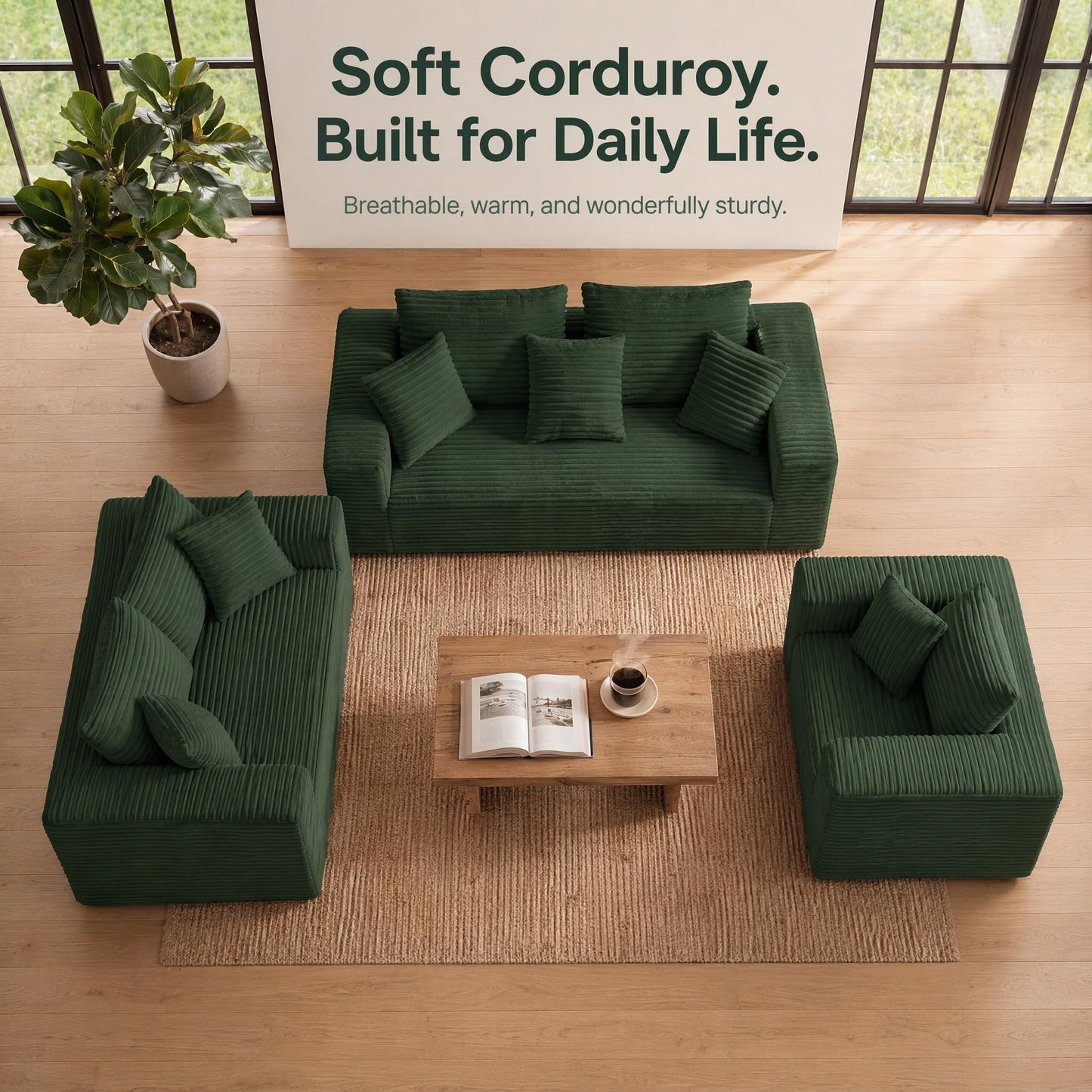 Trygoal 3-Pieces Sectional Boneless Couch Set for Living Room, Oversized Couch Including 3-Seater & 2-Seater & Single Chair, Deep Seat Sofa Set with Armrests & Pillows,No Assembly Required, Green