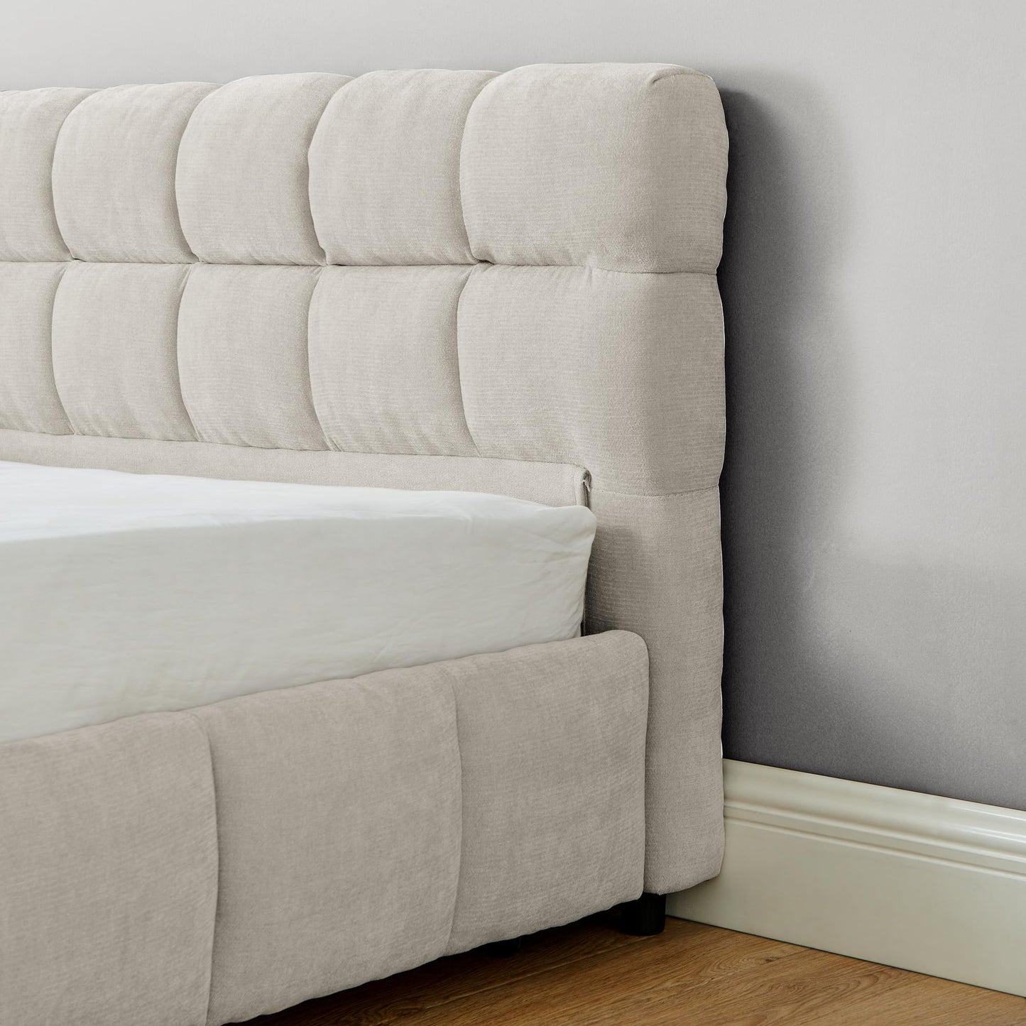 GDFStudio California King Size Upholstered Bed Frame with Thick Chenille Fabric, Modern Grounded Platform Bed with Headboard and Storage Drawers, Beige