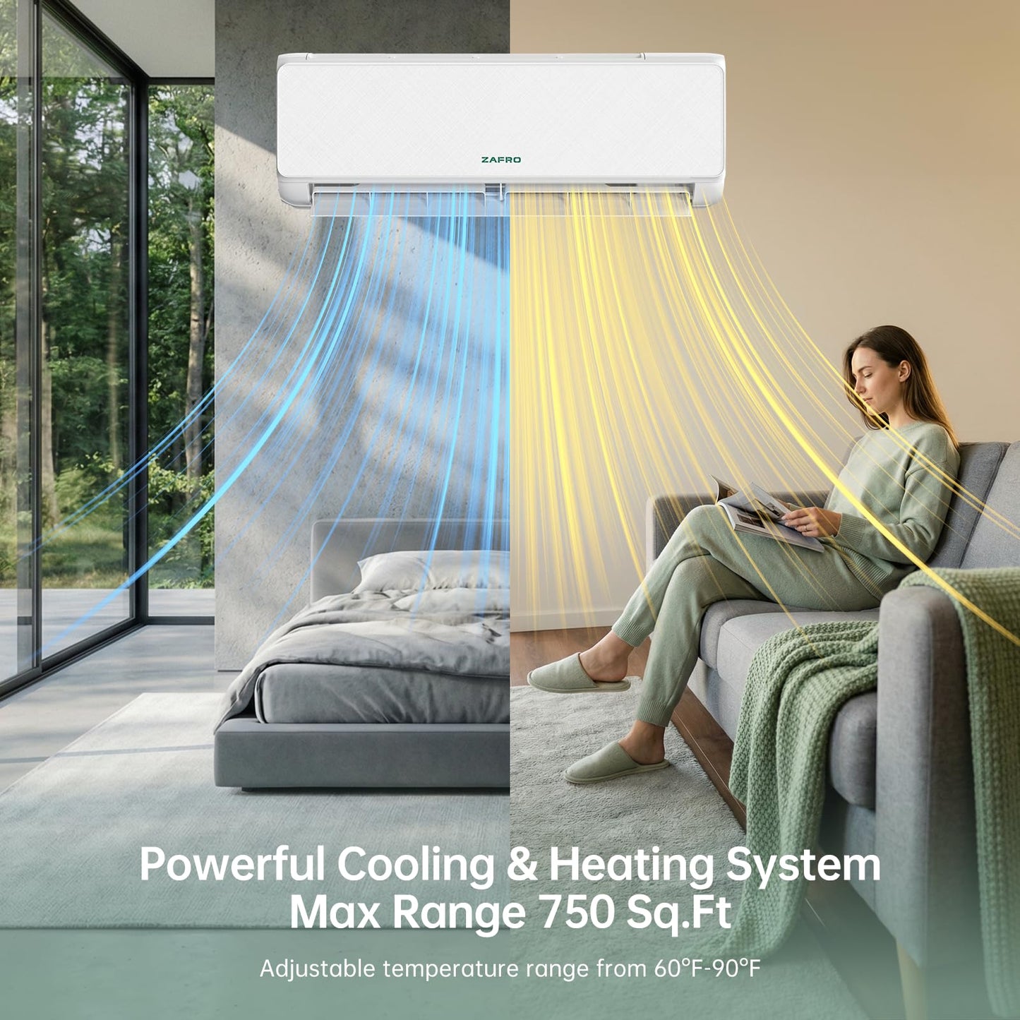 ZAFRO Wifi Enabled Mini Split Air Conditioner & Heater, 12000BTU 115V Inverter Ductless Wall AC Unit with Installation Kit, 24dB Quiet Operation 22 SEER2 Pre-Charged Mini Split, Cools Up to 750 Ft²