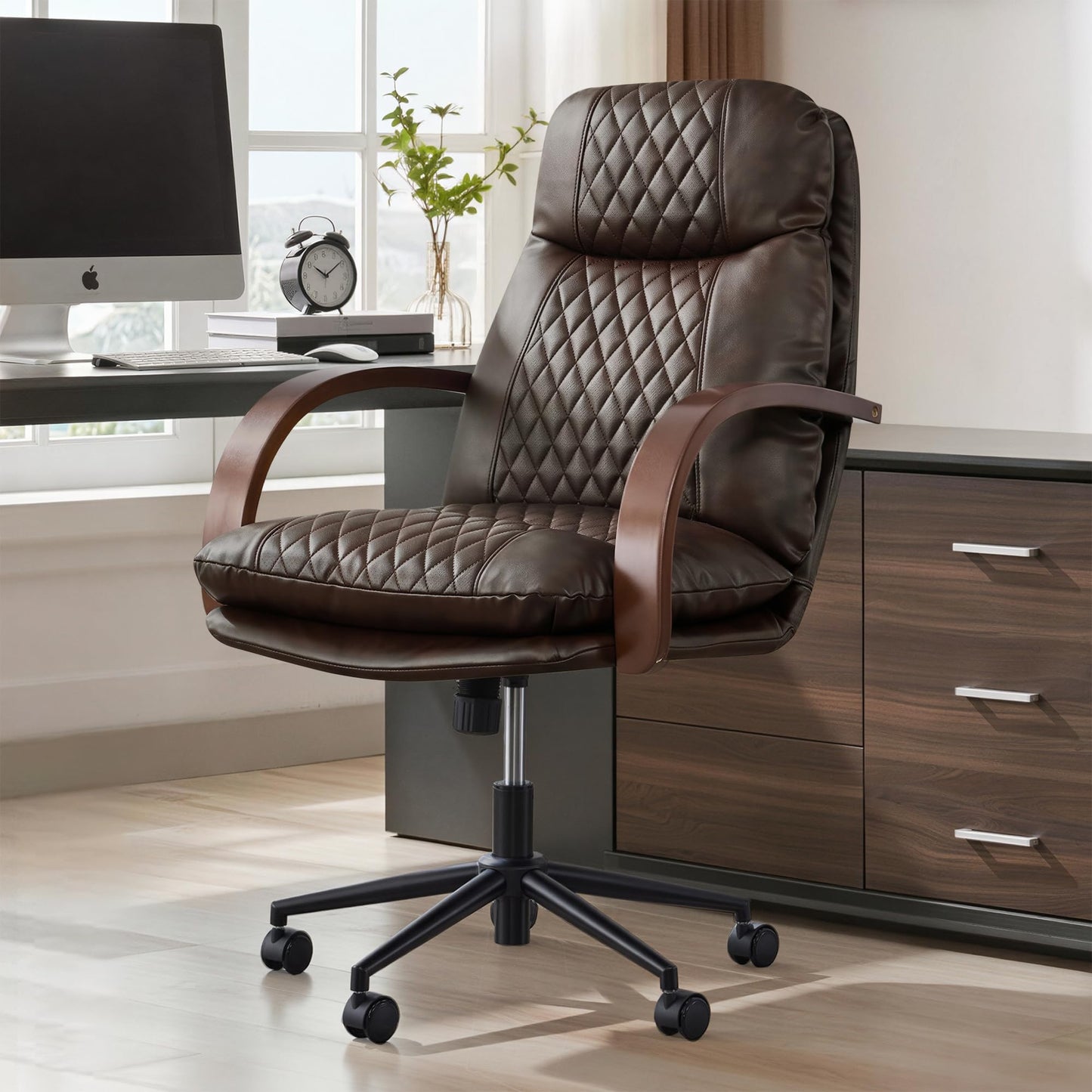 KISLOT Home Office Desk Chair, Ergonomic Office Chair with Lumbar Support, Adjustable Swivel Computer Chair with Wheels, Faux Leather Executive Task Chair with Wood Arms, Espresso