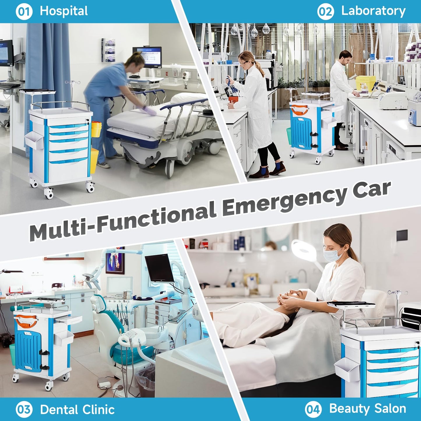 Deerplanet Crash Cart Medical ABS Material, Medical Cart with Drawers, Adjustable IV Pole, Silent Casters, Trash Bins, O2 Holder, Needle Disposal Holder, CPR Board, Nursing Cart for Hospital Clinic