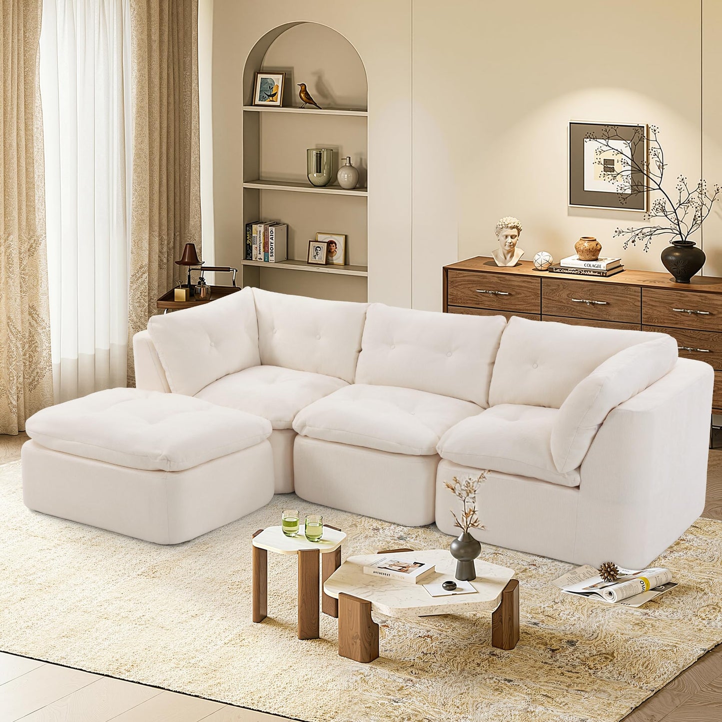 Tufted Cushions Cloud Sectional Boneless Sectional Sofa with Movable Ottoman, 112" Oversized Modular Convertible L Shaped Corner Couch with Deep Seat,Memory Foam Compressed Sofa