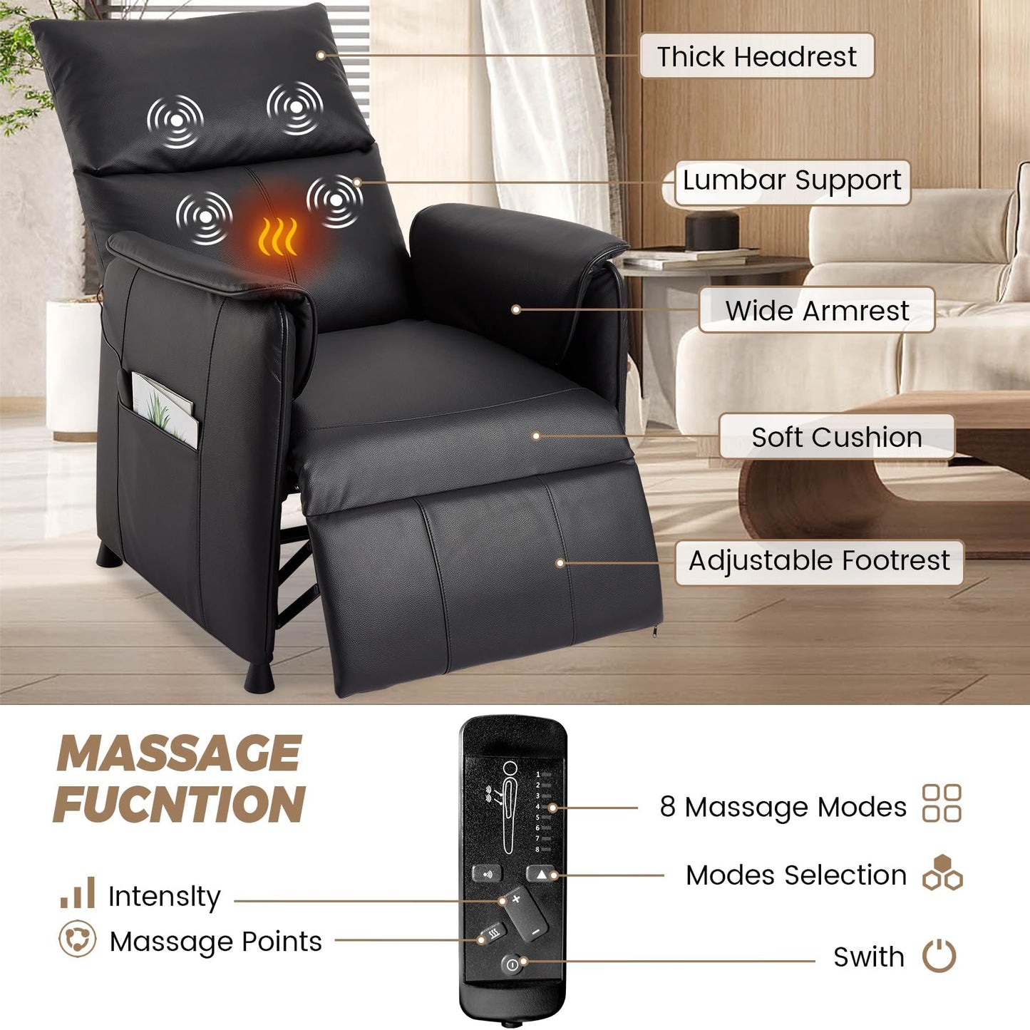 Electric Recliner Chair with Heat and Massage, Power Recliner Sofa Bed for Living Room, Home Theater or Office, Heated Recliner, Adjustable PU Leather Massage Chair, Remote Control, Black