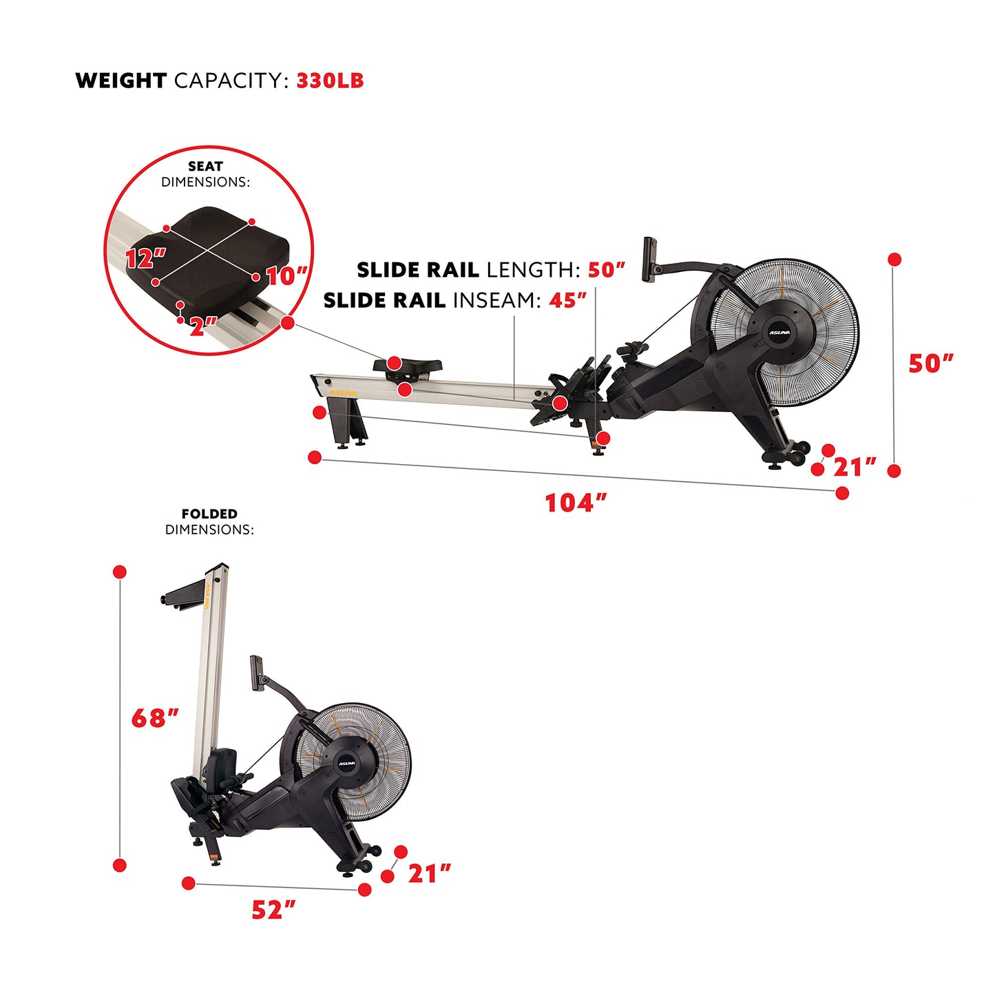 Sunny Health & Fitness Asuna 8580 Ventus Rowing Machine – Air & Magnetic Resistance, 330 LB Capacity, Performance Monitor, Foldable 50" Aluminum Rail, Home Cardio Rower