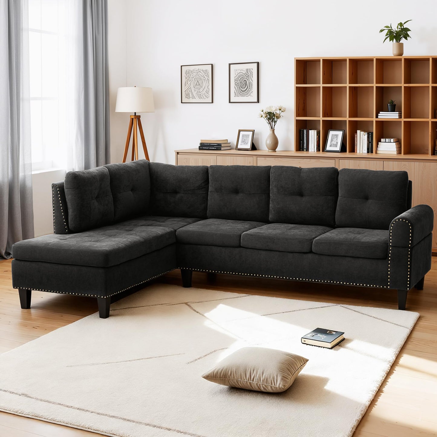 Trygoal Modular Sectional Sofa with Cup Holders, L Shaped Sectional Couch with Chaise and Adjustable Backrest, Modern Linen Fabric Couch for Living Room, Apartment, Small Space, Dark Gray