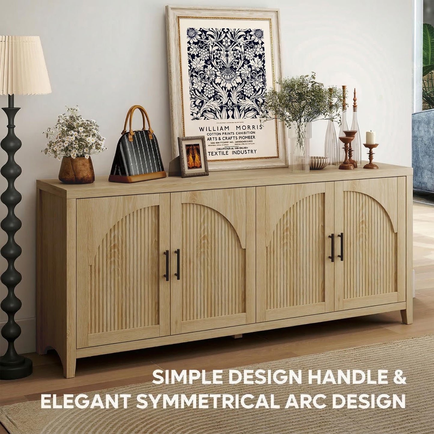 Bestier 70"W Sideboard Buffet Cabinet with Storage, Mid Century Credenza Storage Cabinet, 4 Doors Reeded Sideboard, Adjustable Shelves, Wood Buffet Long Cabinet for Living Room, Entryway, Coastal Oak