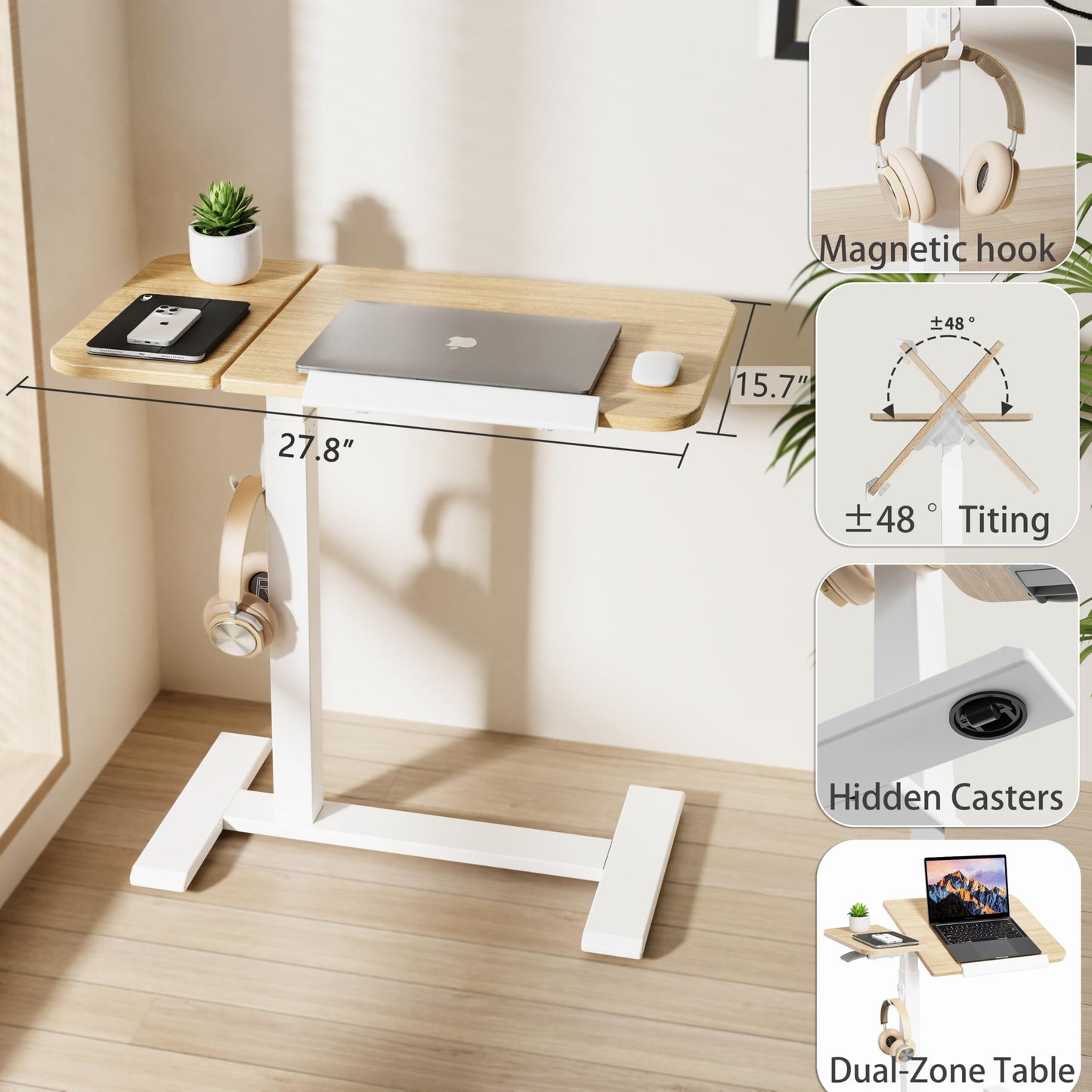 ETHU Overbed Table with Tilting Top, Medical Table with Wheel Height Adjustable - Laptop Bedside Table with Locking Wheels for Hospital, Home, and Office