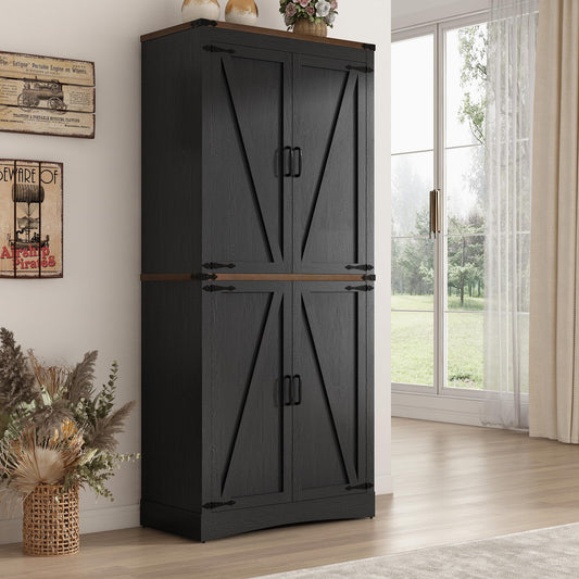 Hlivelood 71" Tall Kitchen Pantry,Farmhouse Storage Cabinet with Adjustable Shelves,Load-Bearing Steel Pipe,Farmhouse Pantry Cabinet with 4 Barn Doors,for Kitchen,Dining Room,Living Room(Black)