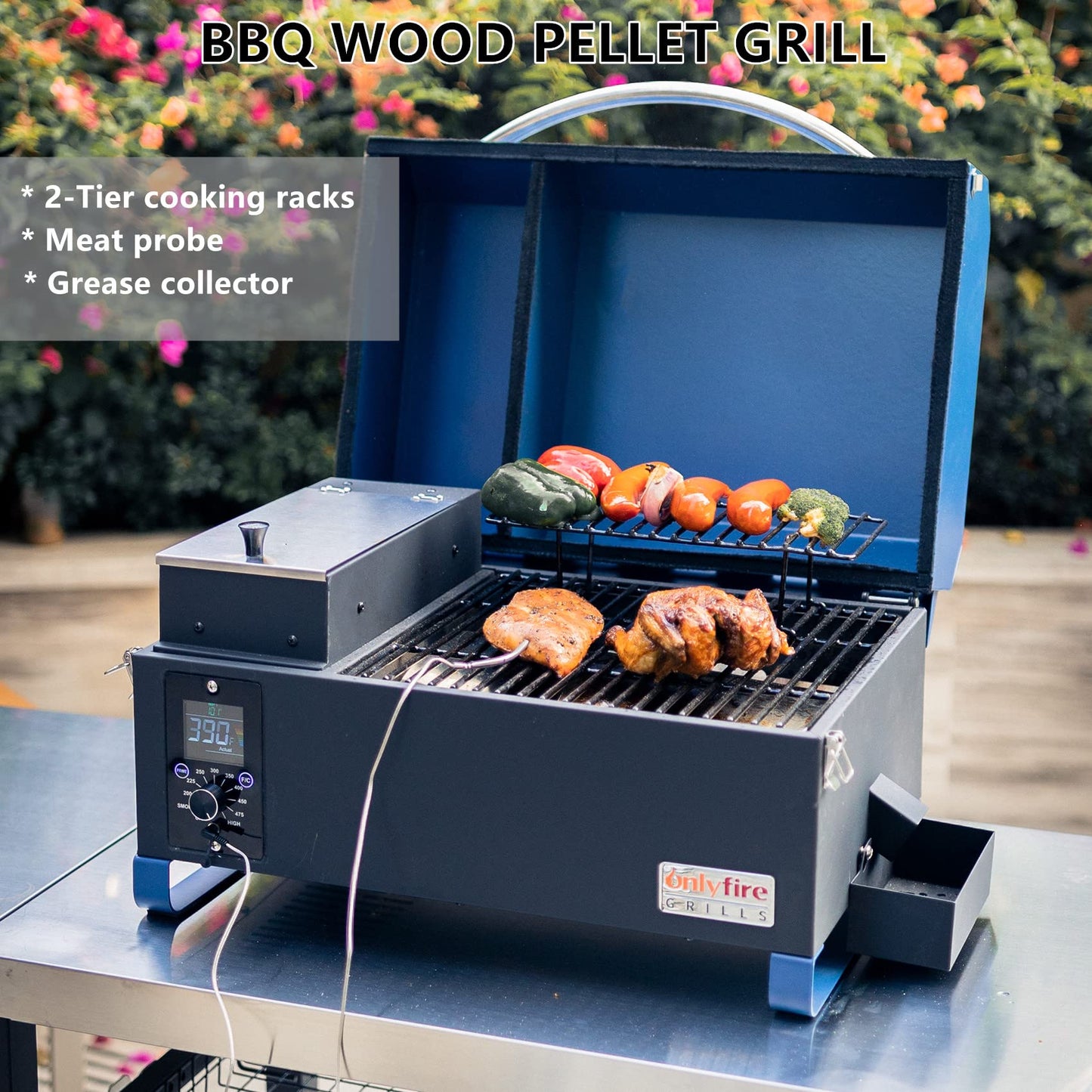 ONLYFIRE GRILLS BBQ Wood Pellet Grill Smoker and Cover Bundle, Portable Tabletop Grilling Stove for Patio BBQ, RV Camping, Blue GS313