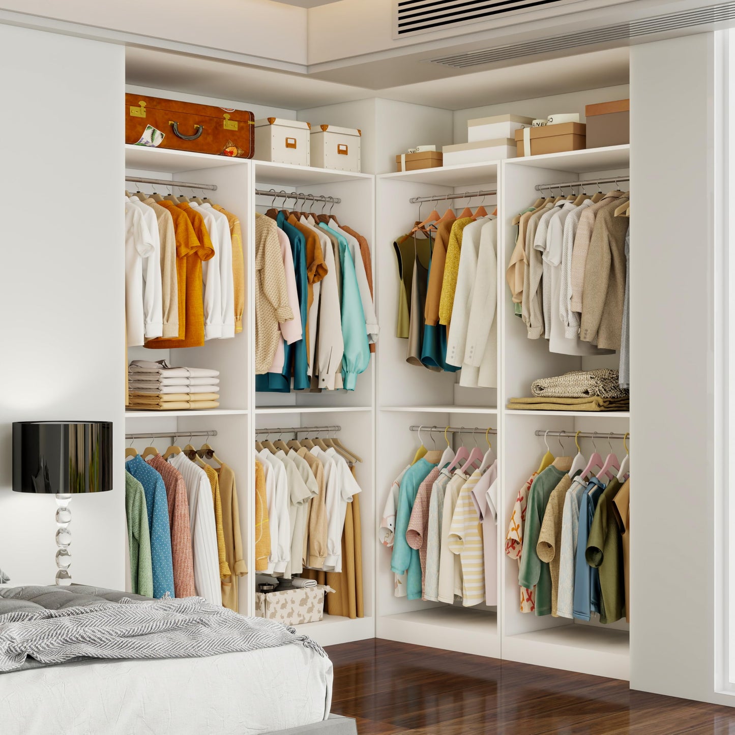 Closet System with 12 Hanging Rods& Shelves , 8FT Small Closet Organizer System Storage Wood with Extra Side Hanging Rod for Walk in Closet, Adjustable Modular Closet Systems Customize, White(8FT)