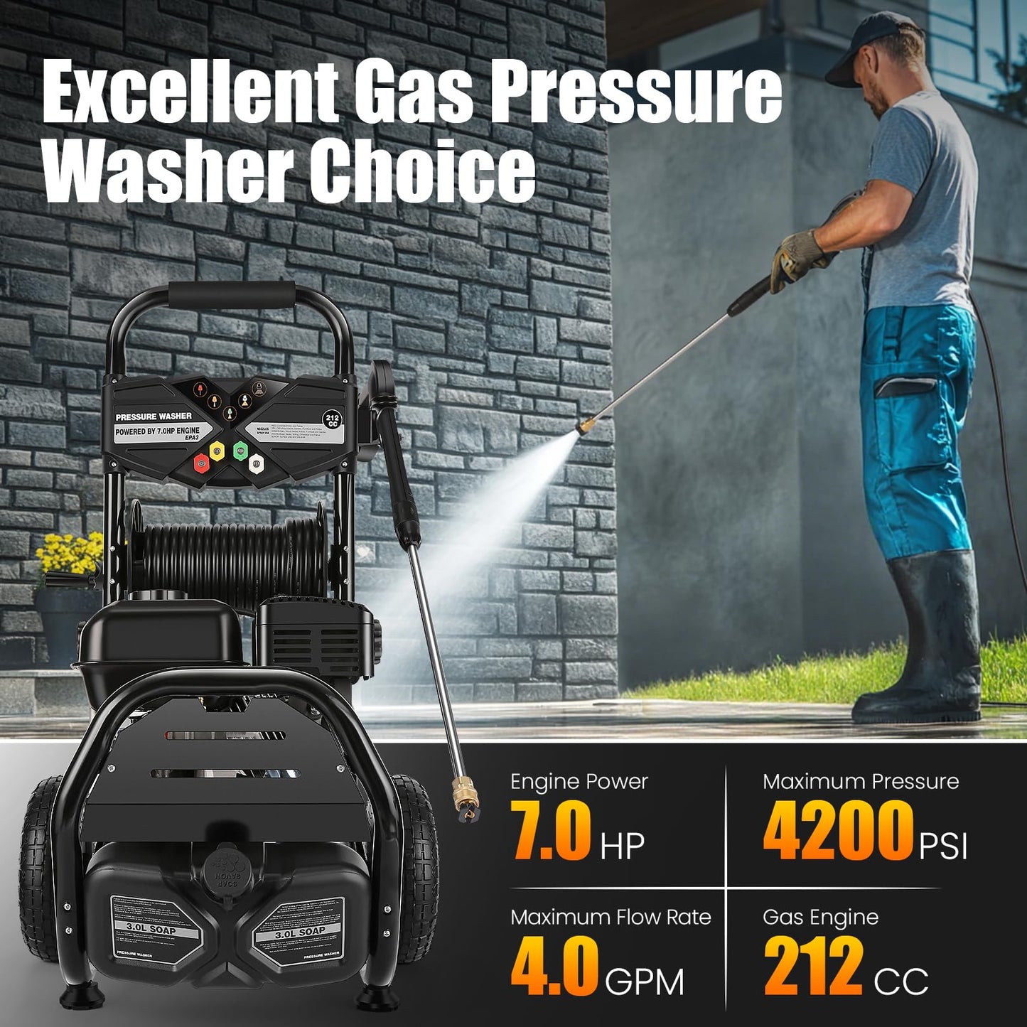 4200PSI Gas Pressure Washer 4.0GPM Gas Power Washer 212CC Gas Powered Washing Machine Commercial High Pressure Washer with 32ft Hose&5 Nozzles