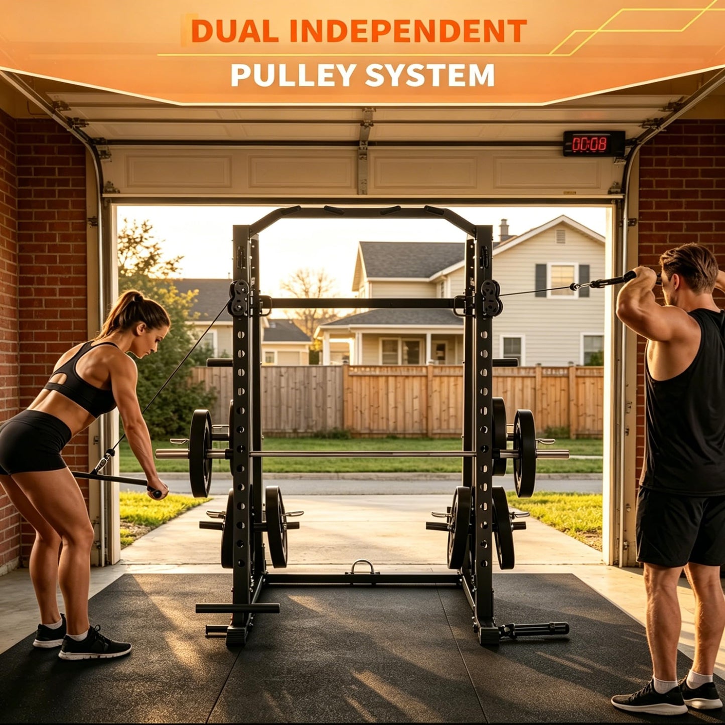 Smith Machine All-in-1 Home Gym, 2000 LBS Capacity Power Cage with Dual Independent Pulley System, 360° Landmine, Pull-Up Bar & Weight Storage – Heavy Duty Full Body Workout Station for Home & Garage