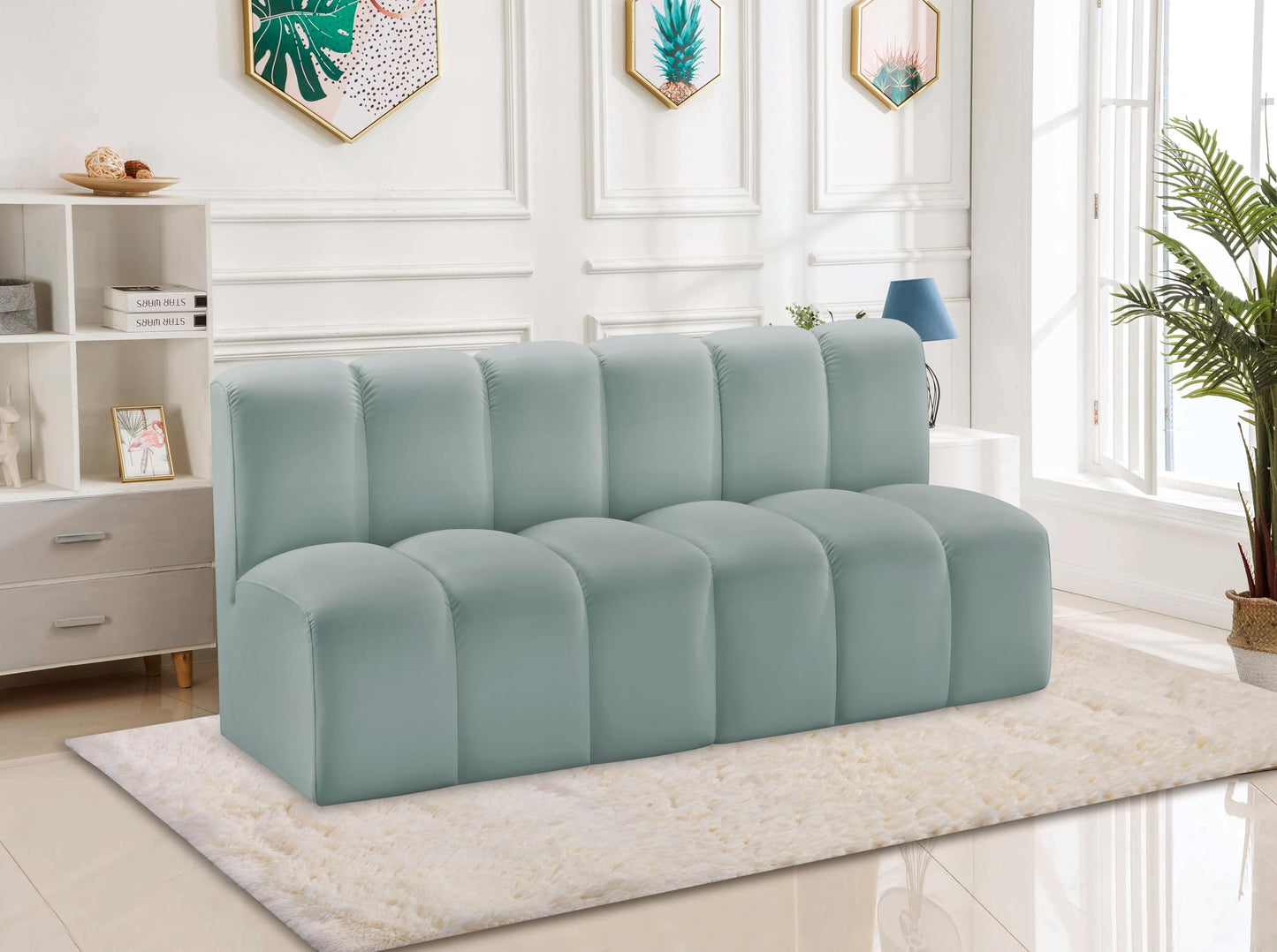 Meridian Furniture 101Mint-S2A Arc Collection Modern | Contemporary Modular Sofa with Soft Mint Green Vegan Leather, Deep Channel Tufting, Modular, 60" W x 31" D x 30" H, Mint