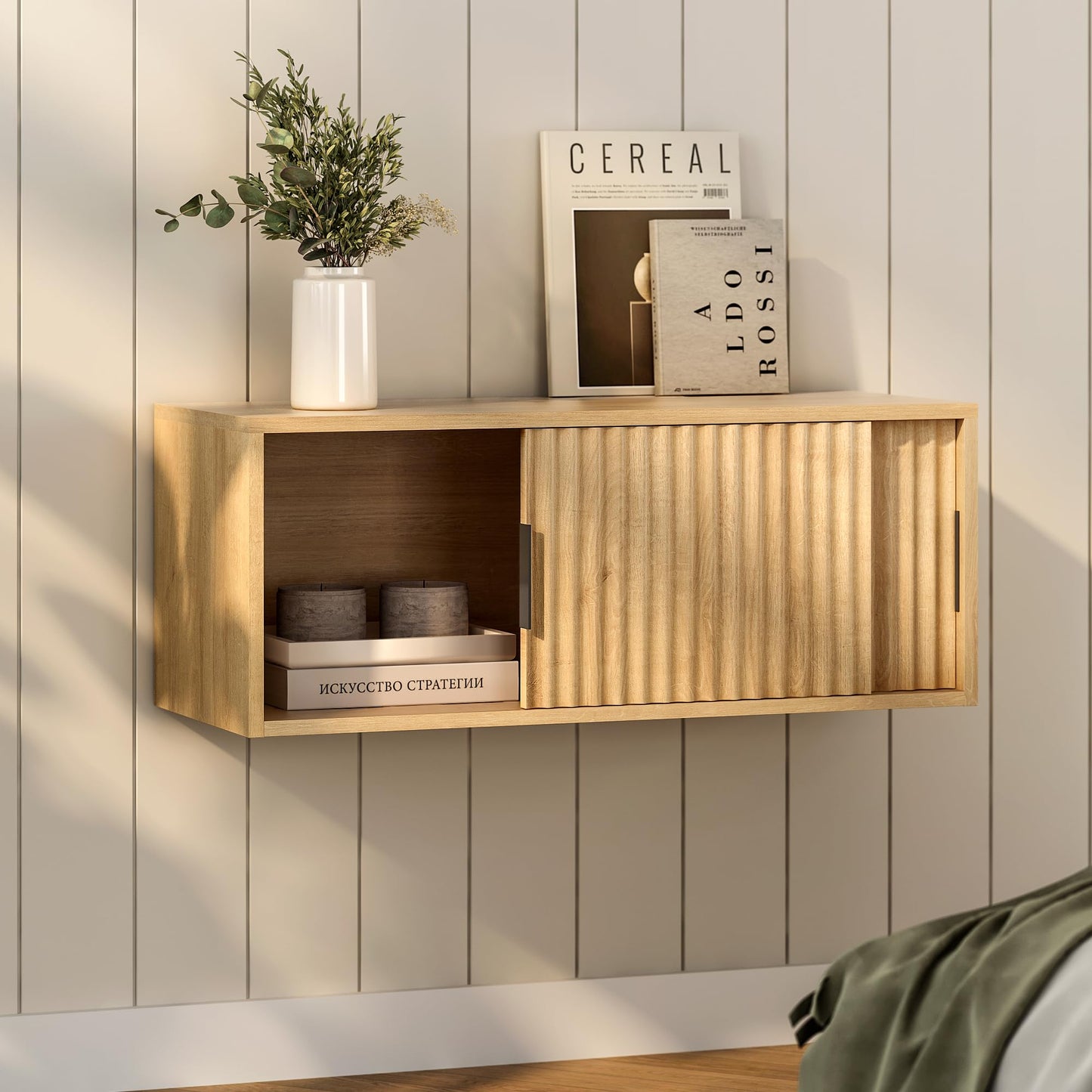 EYYTHUNG Floating TV Stands Set of 2, Modern Fluted Large Floating Nightstand Wall Mounted Bedside Cabinet with Sliding Doors for Bathroom, Living Room, Bedroom, Natural Oak