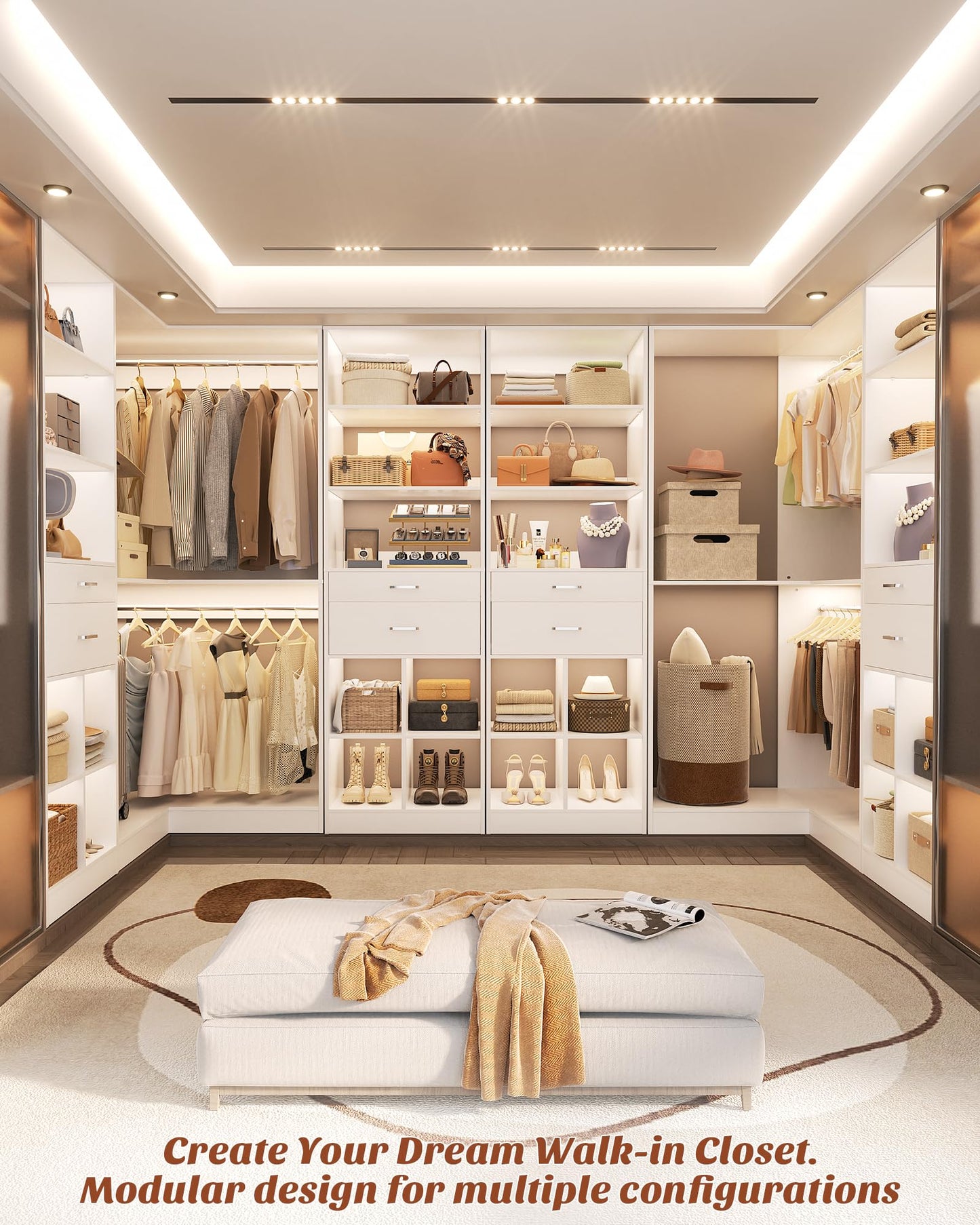 Besiost Closet System with 4 Drawers, 53.5" * 53.5"/ 31.5"*75.5" Closet Organizer System with Corner Tower, L Shaped Walk-in Closet System, Corner Closet System with Shelves, Set of 3, White
