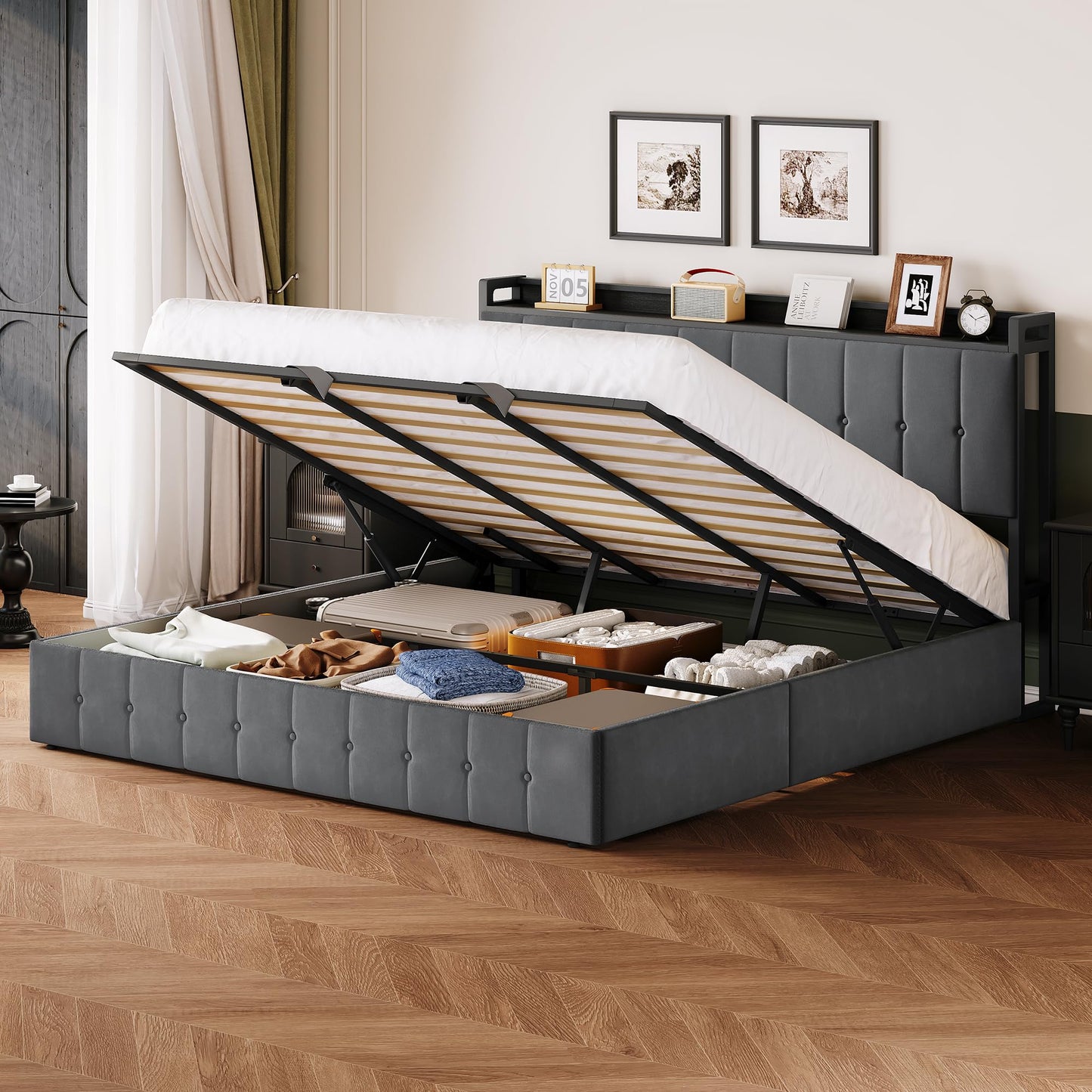 Garvee King Size Lift Up Storage Bed, Upholstered Velvet Bed Frame with Storage Headboard, Metal Platform Bed, No Box Spring Needed, Solid Wooden Slats, Noise Free, Grey