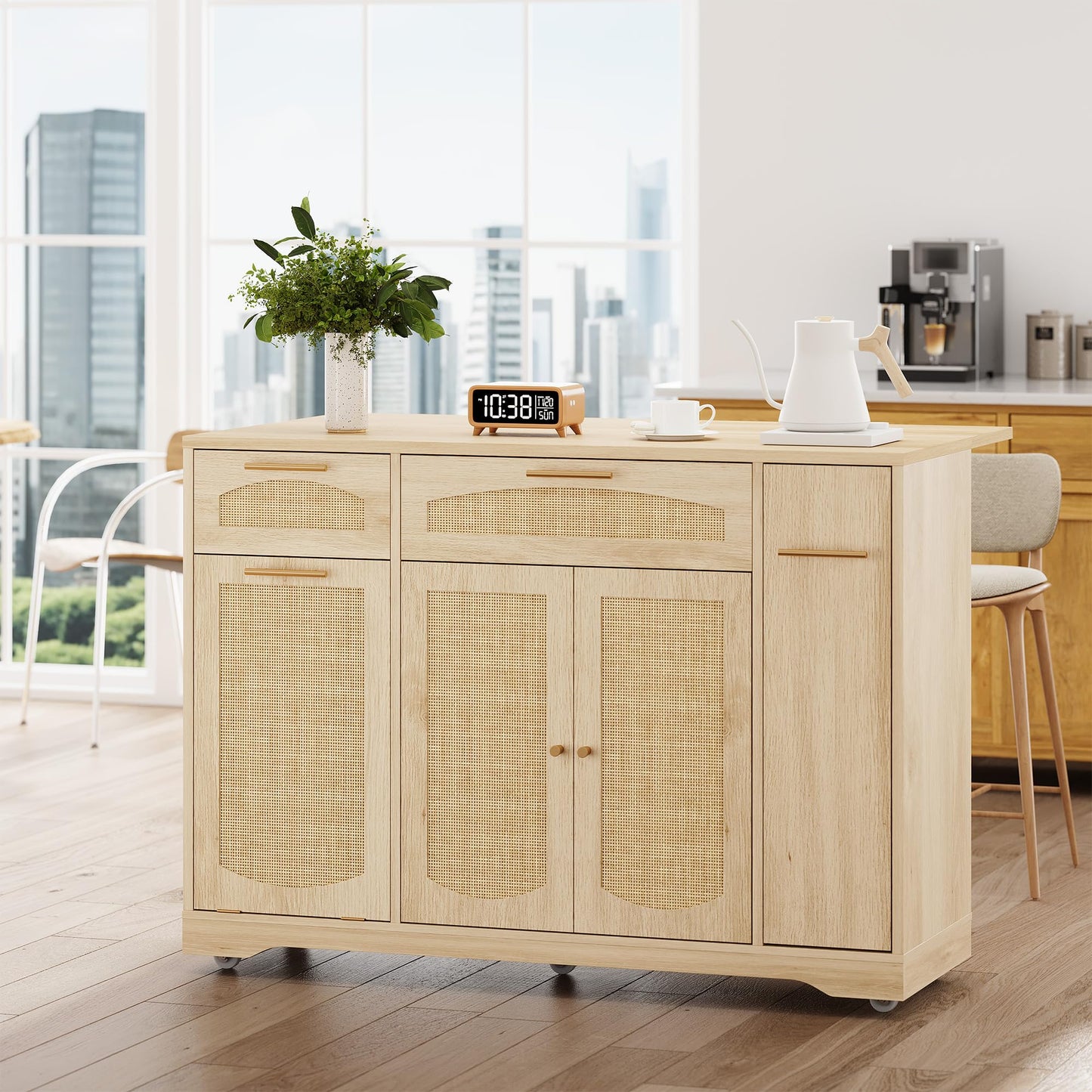 GAOMON 53.1" Kitchen Island on Wheels, Rattan Rolling Kitchen Island Cart with Drop Leaf Breakfast Bar, Tilt Out Trash Can Cabinet, Storage Cabinet, Drawer, Tower Rack, Kitchen Cart (Natural)