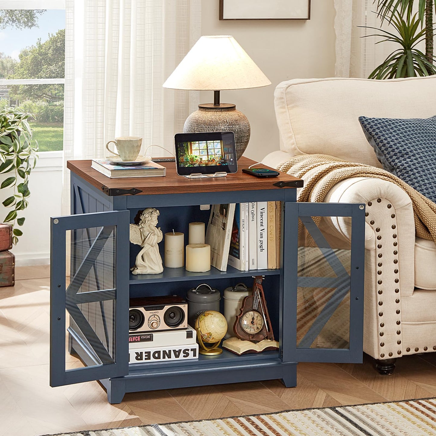 Joaxswe End Table Set 2 with Charger Station, Farmhouse 18'' Narrow Night Stand and 24" Square Side Table with Glass Barn Door Storage, Wood Nightstand Bedside Tables for Living Room Bedroom