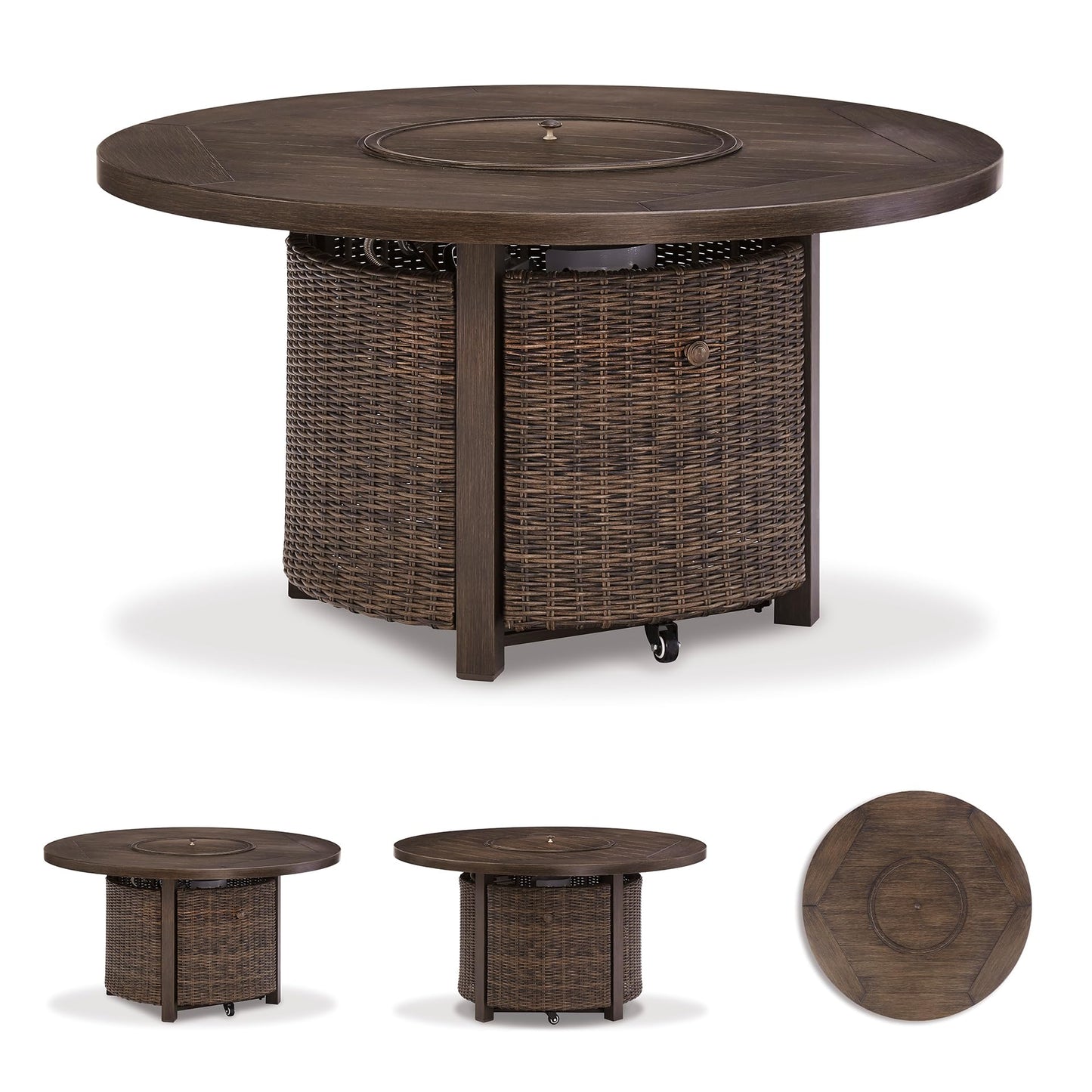 Signature Design by Ashley Paradise Trail Outdoor Round Wicker Patio Fire Pit Table, Brown