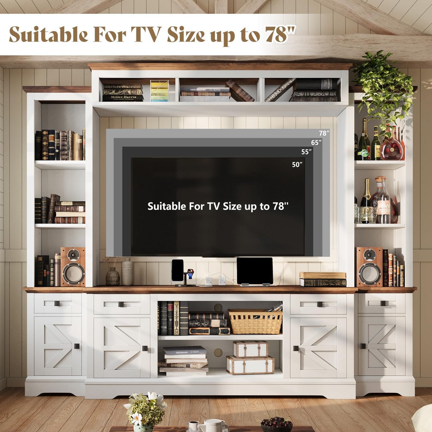 AMERLIFE 98" Farmhouse Wall Unit Entertainment Center with Bookshelves, Wine Cabinet, Fits 75" TVs, Rustic Media Console for Living Room, Large TV Stand with Power Outlets & Barn Door, Off-White