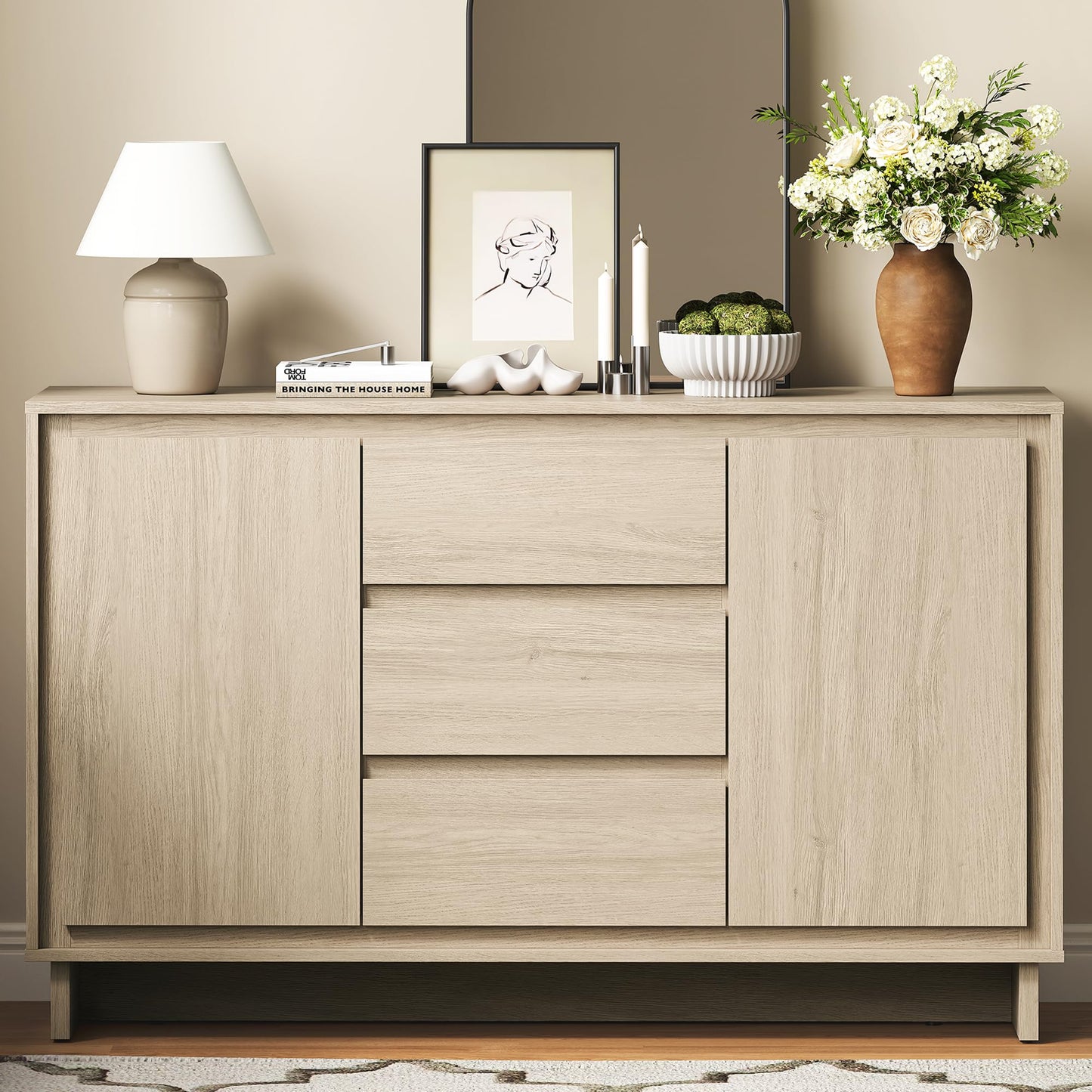 RoyalCraft Buffet Cabinet with Storage, Modern Wood Sideboard Credenza with 2 Doors and 3 Drawers, Coffee Bar Cabinet with Adjustable Shelves for Kitchen, Living Room, Dining Room, Entryway, Beige