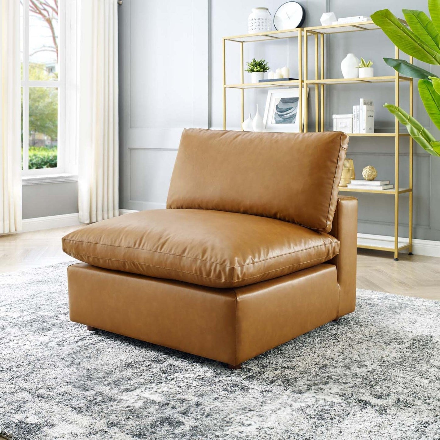 Modway Modular Sofa Commix Down Filled Overstuffed Vegan Leather Armless Chair, Tan