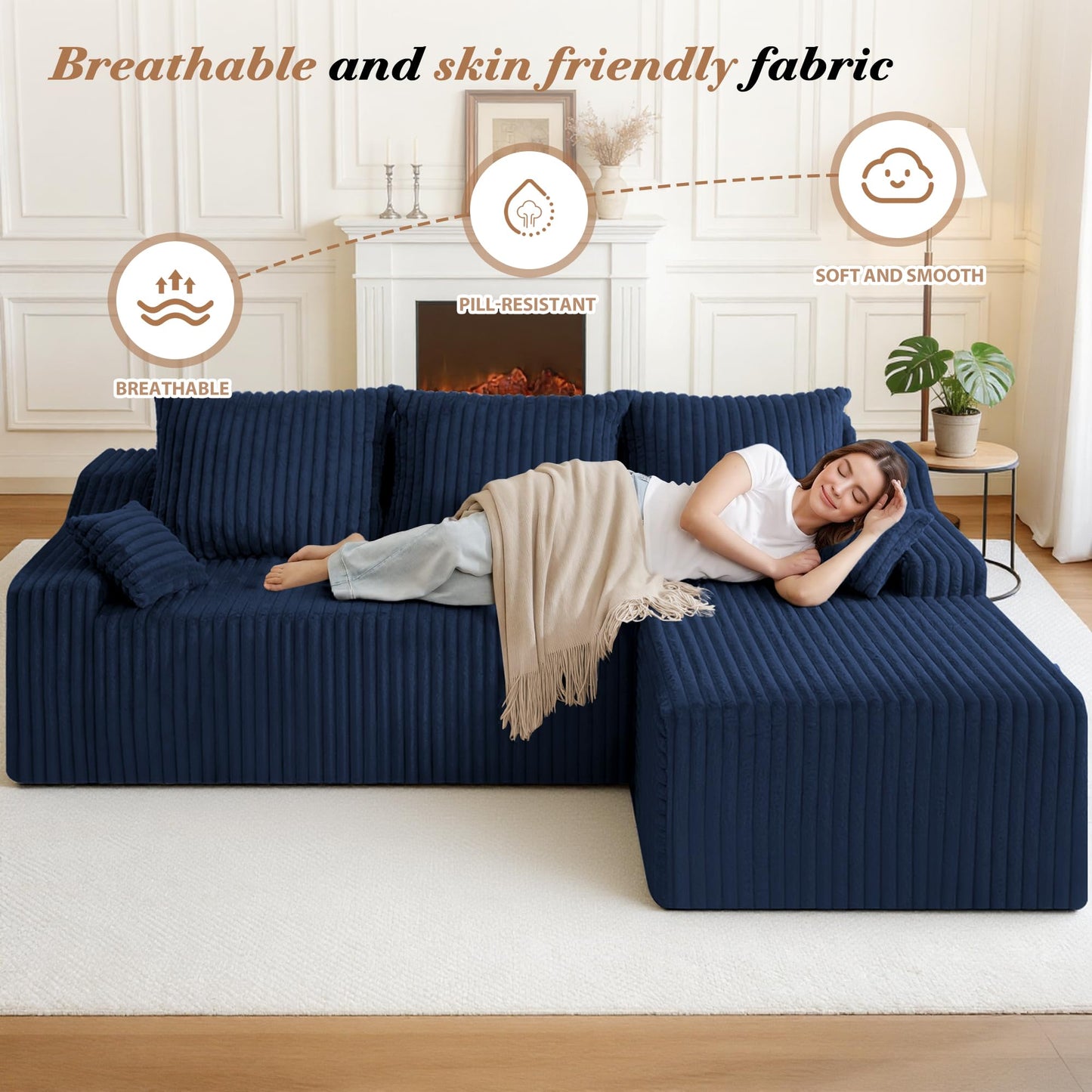 HABUTWAY 94" L-Shape Modular Sectional Sofa Couch for Living Room, No Assembly Required, Boneless Couch with Deep Seat for Living Room Bedroom, No Assembly Required (Bule,Right)