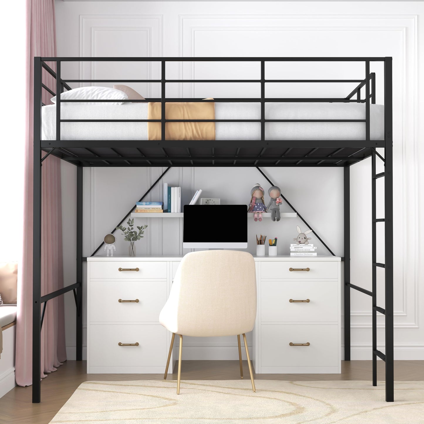 Realhotan 75Inch Full Loft Bed with Ladder and High Guardrail, No Box Spring Required,Space-Saving,No Sagging Metal Slat Support Heavy Duty Bedframe, Black