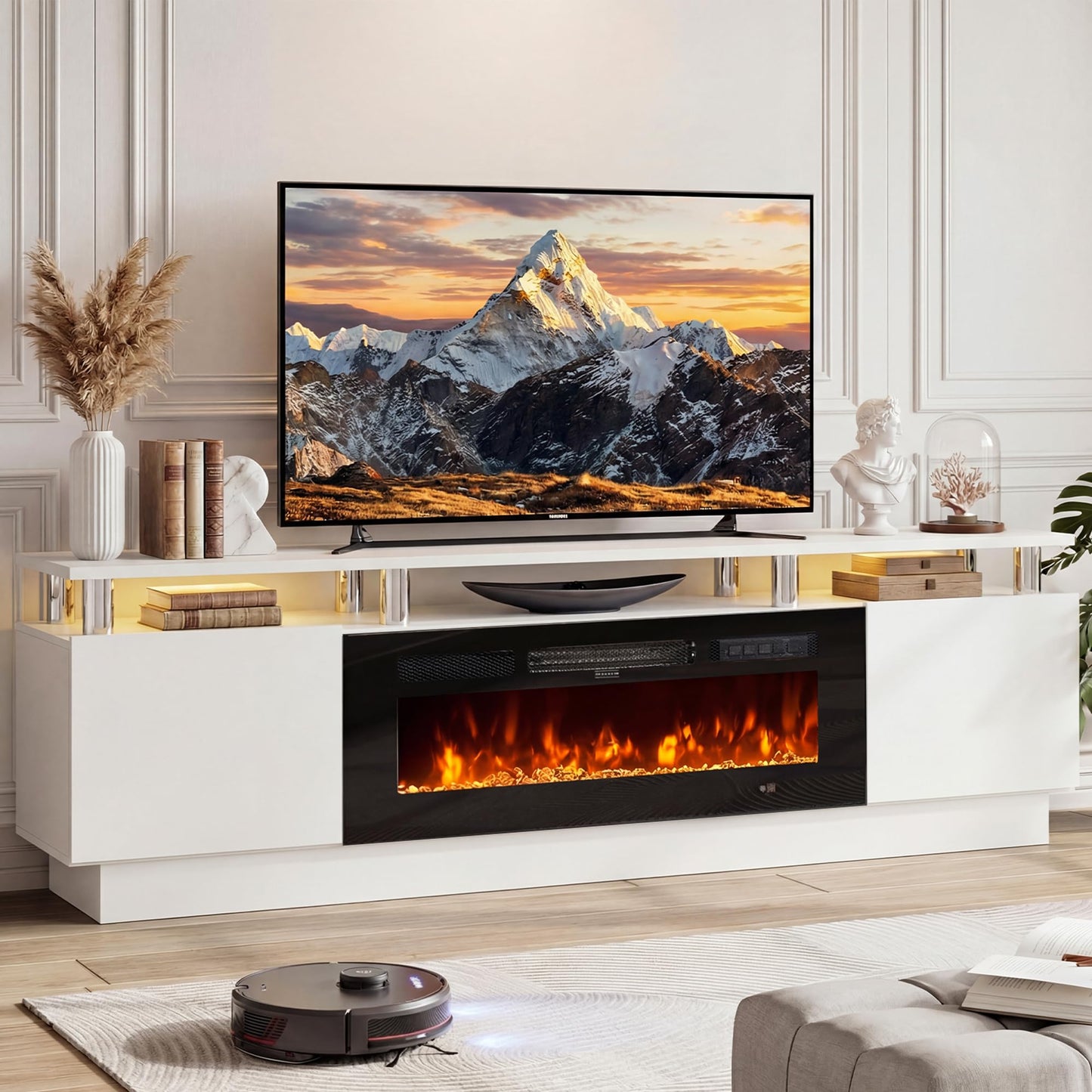 OneBlis 70" Fireplace TV Stand for TVs UP to 80", Electric Fireplace Entertainment Center with LED Lights & Storage Cabinets, TV Console for Living Room, Office, White-Black