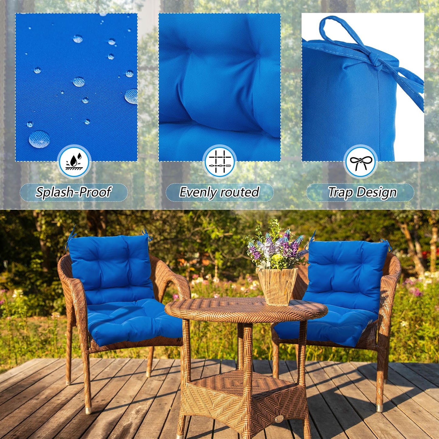 Marsui 6 Pcs Outdoor Indoor High Back Chair Cushions Patio Furniture Tufted Pillow with Ties Water-Resistant Replacement Outdoor Rocking Chair Cushions, 42 x 21 Inches (Blue,Solid Color)