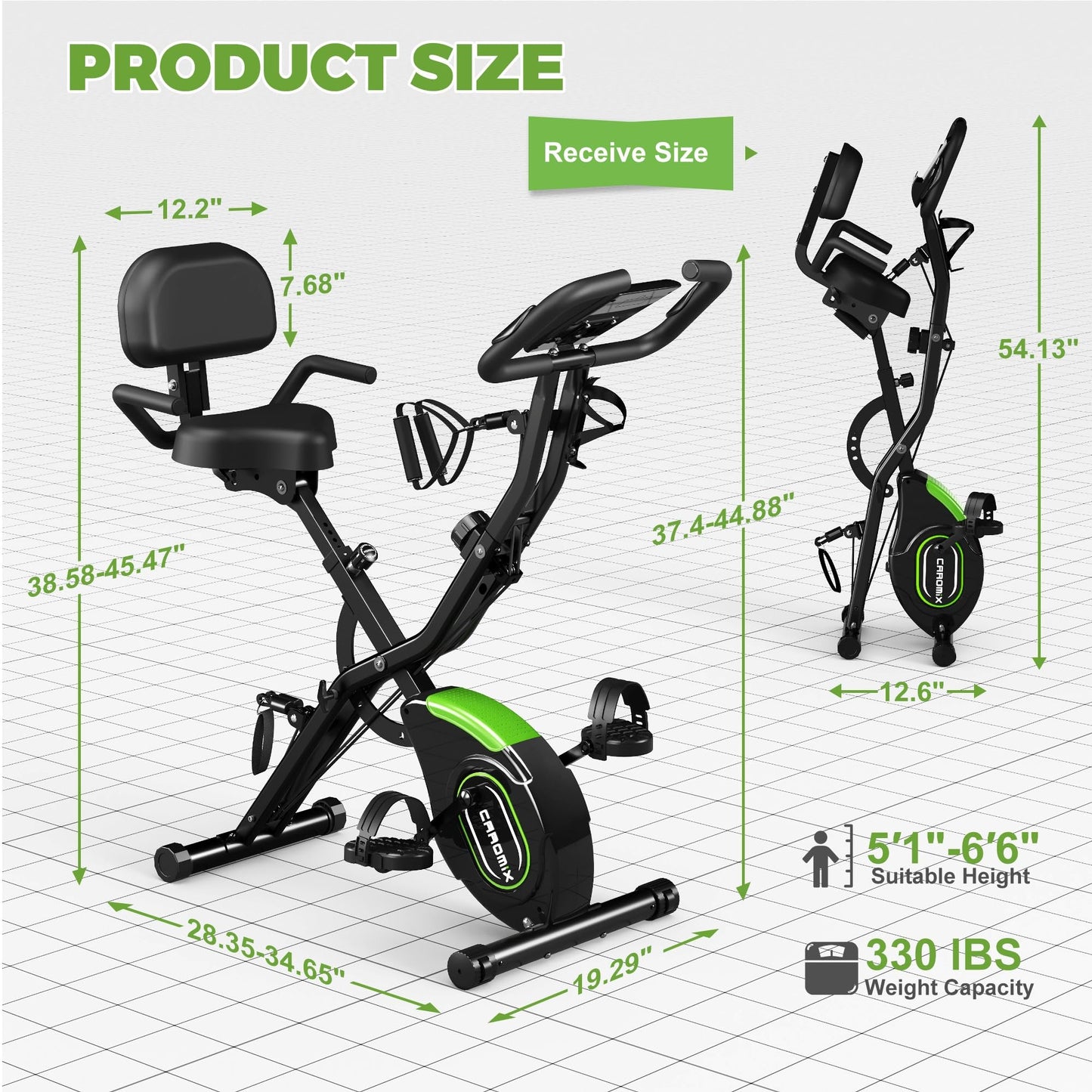 Caromix Folding Exercise Bike, 5 in 1 Stationary Bike with 16-Level Adjustable Magnetic Resistance, 330LB Capacity Indoor Workout Bike, Foldable Exercise Bike for Seniors and Adult