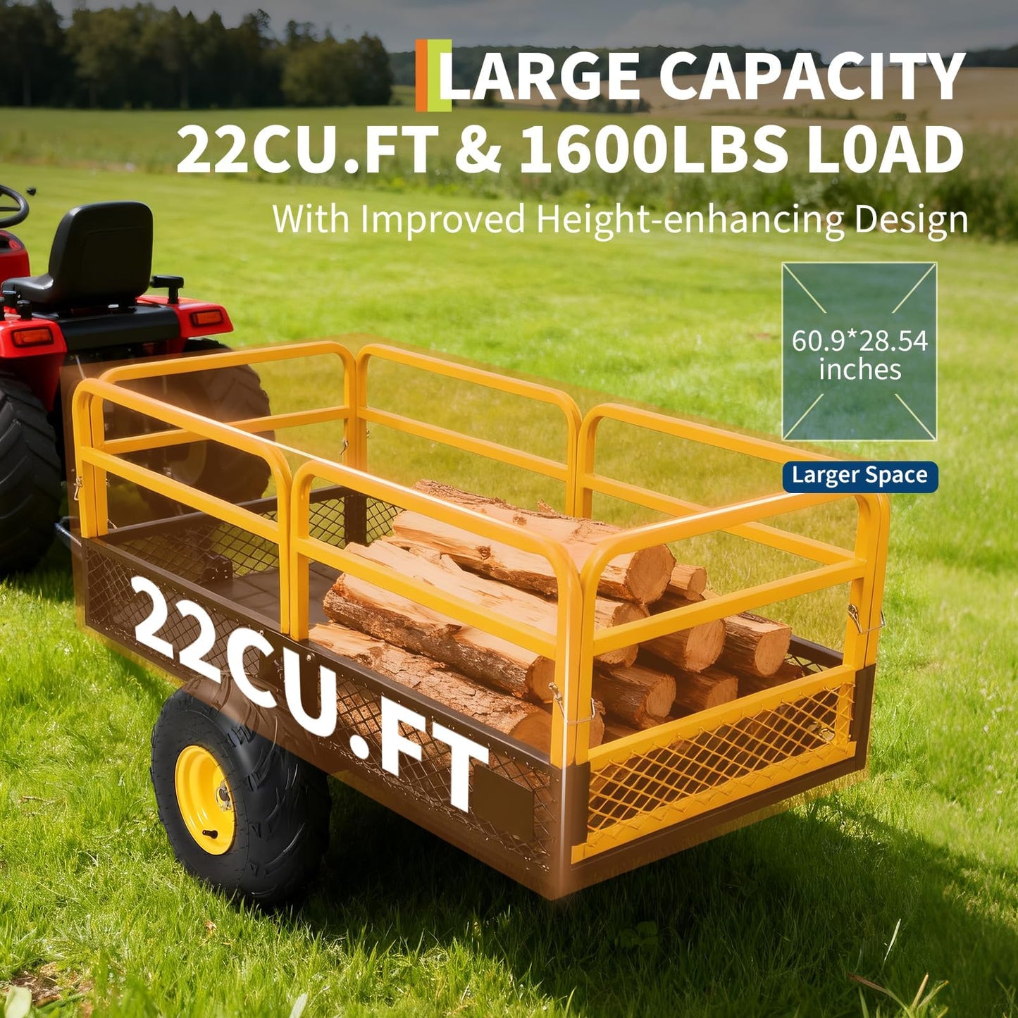22 Cu.Ft 1600Lbs Steel ATV UTV Trailer Tow Behind Dump Cart, Heavy Duty Pull Behind Utility Dump Trailer for Lawn Mower Trailer Tractor Garden Yard with Removable Rear Panel