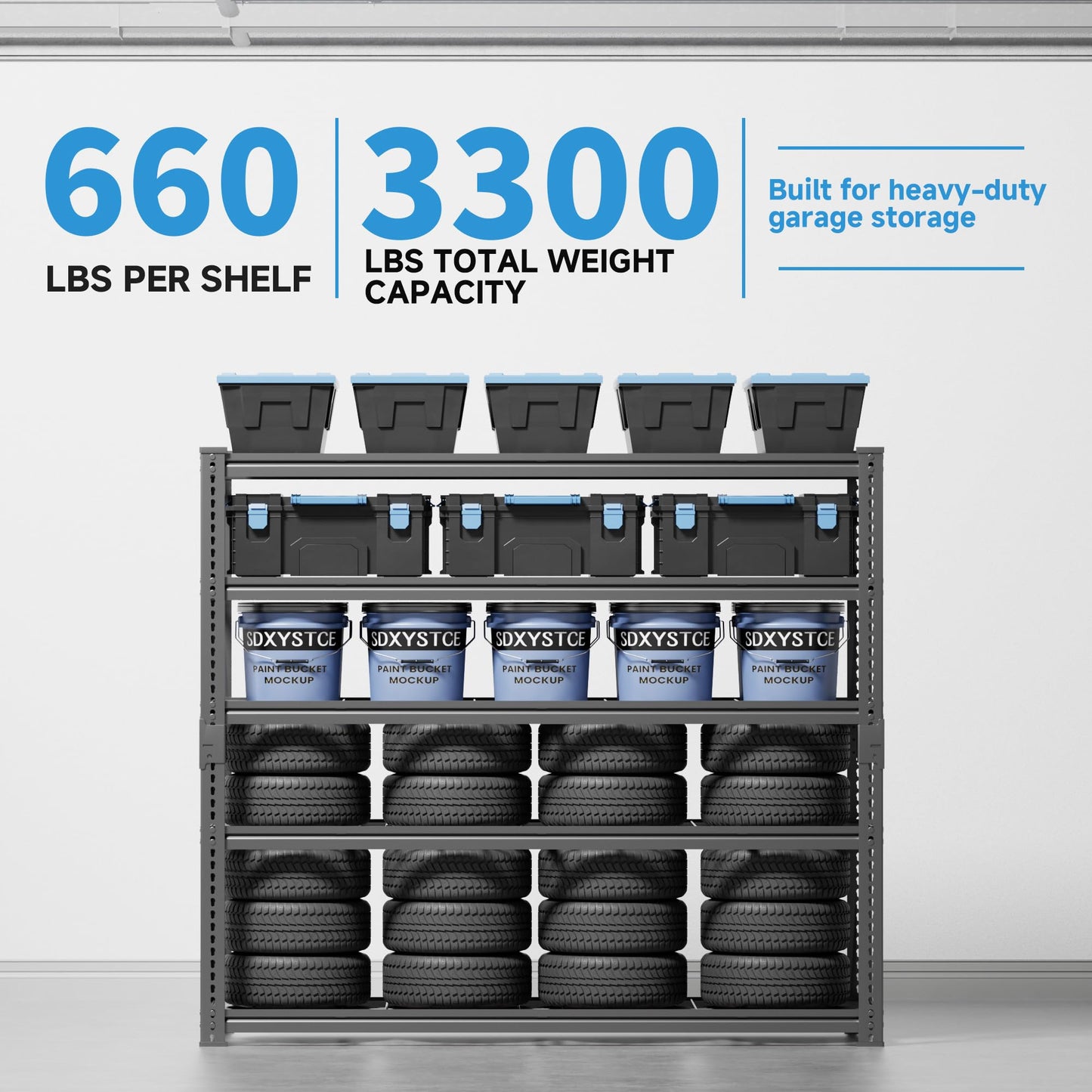 LUXEYARD Heavy Duty Garage Shelving, 60" W x 24" D x 78" H, 5-Tier Adjustable Metal Storage Rack, 660 lbs Per Shelf, 3300 lbs Total Capacity, Black, 1-Pack