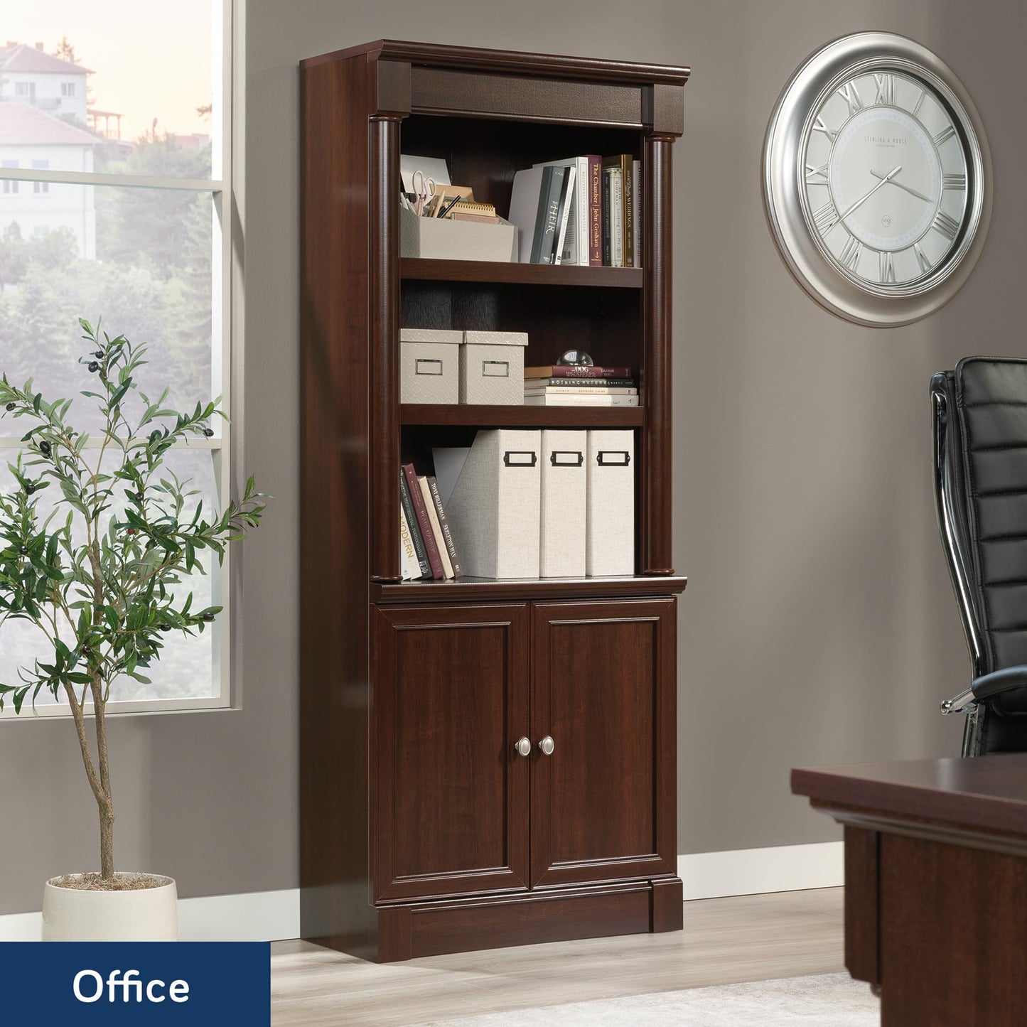 Sauder Palladia Book Shelf, Bookshelf with Storage, Library Bookcase with Doors and Adjustable Shelves, in Select Cherry finish