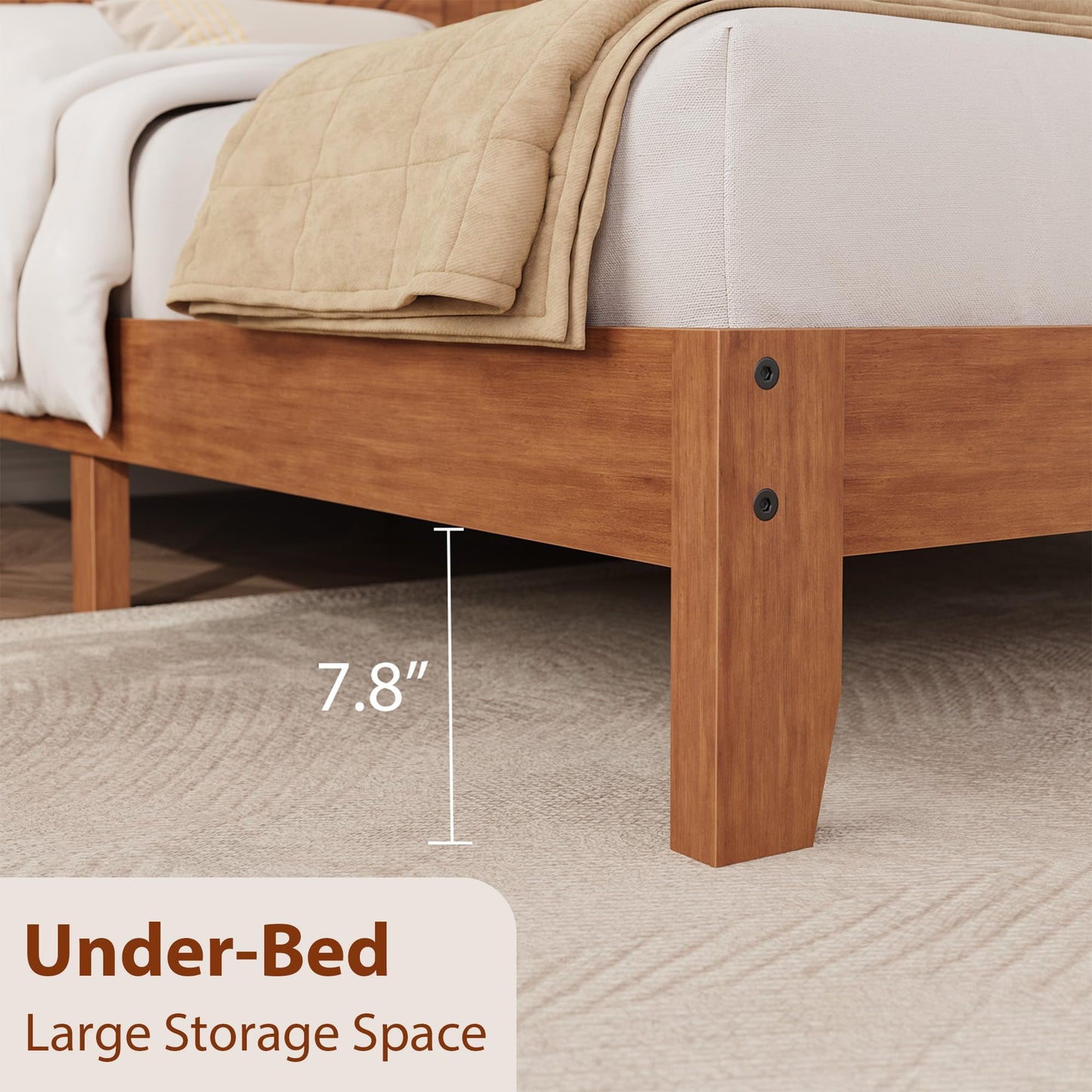Garvee Queen Wooden Platform Bed Frame with v-Pattern Headboard, Wooden Slat Support, Noise-Free Mattress Foundation, No Box Spring Needed, Easy Assembly,Under-Bed Storage, Light Brown