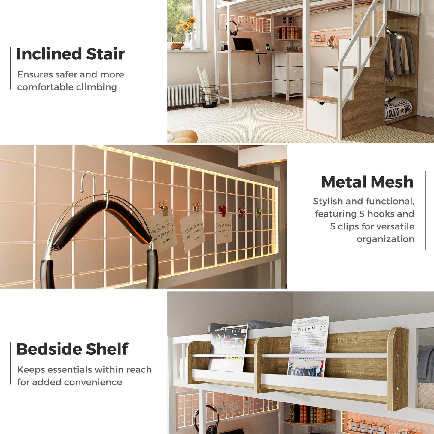 advwin Twin Size Loft Bed with Desk and Stairs, Storage Drawers and Shelves, Charging Station, LED Light, Safety Guardrail & Ladders, Metal Loft Bed Frame Gaming Bed for Adult, Space-Saving, White