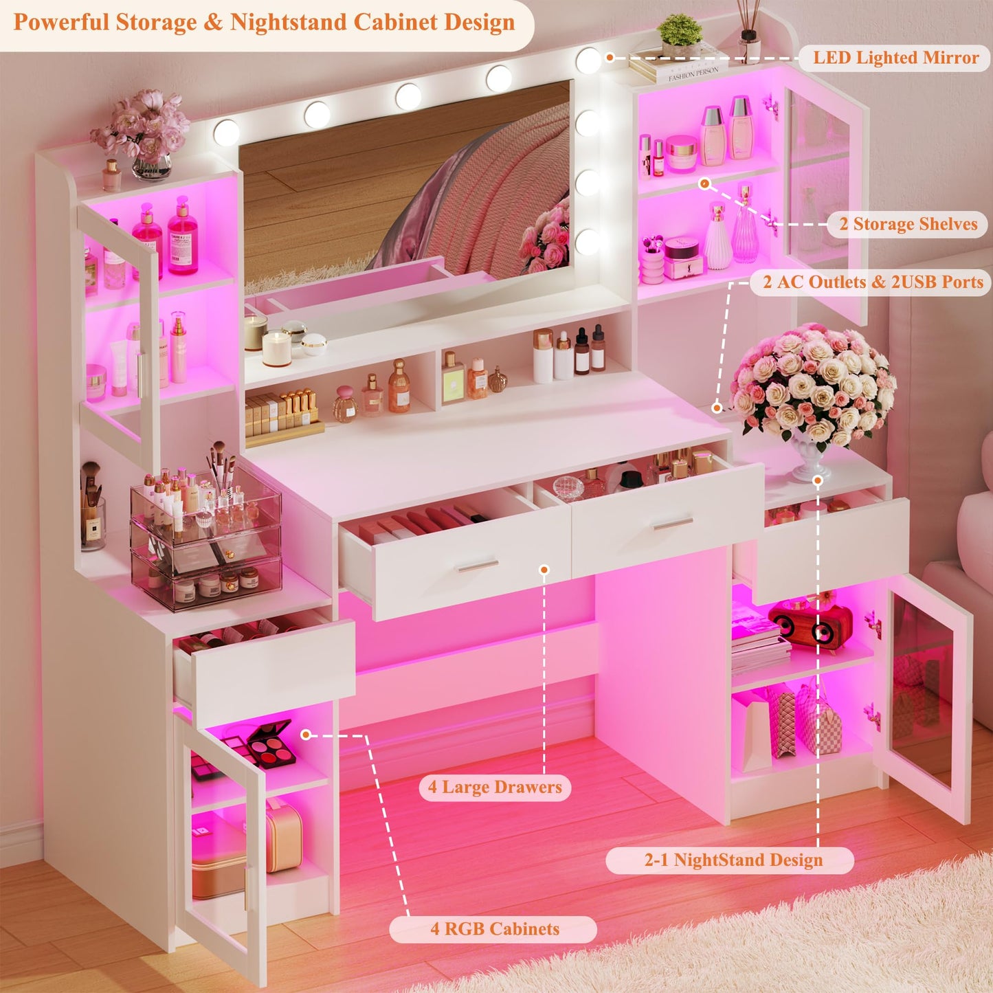 HUAHUU Large Vanity Desk with Mirror & Lights, 54.3'' Makeup Vanity with 4 RGB Cabinets and 4 Drawers, White Vanity Set with LED Lights and Power Outlet, 3 Lighting Modes, Adjustable Brightness